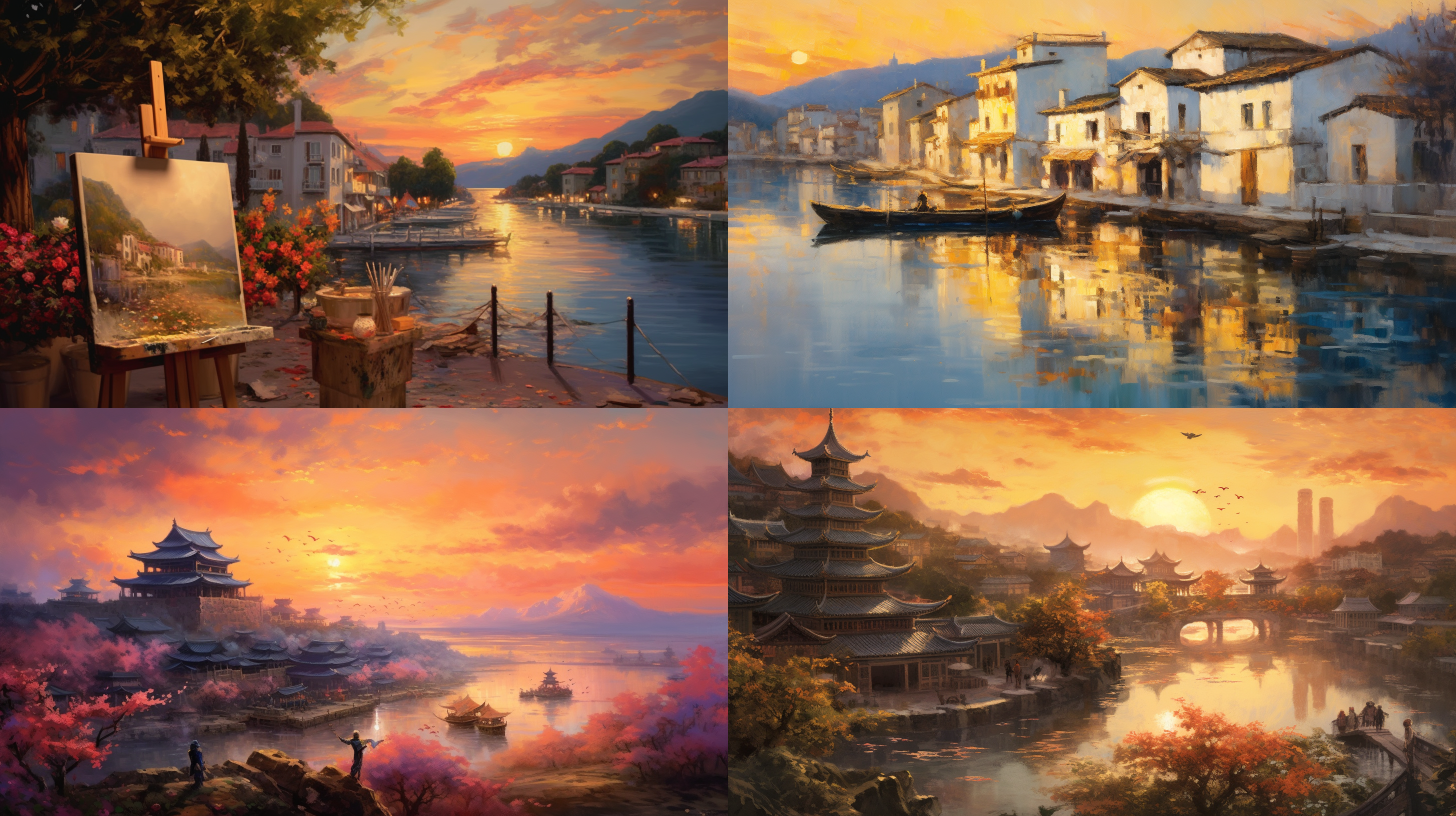 印象派风格油画，中国水乡风景，真实明亮的色调，低纯度色调，大量笔触，平稳构图，开花的植物，日落光影，柔和光线，细腻笔触，温暖色彩，宁静氛围。