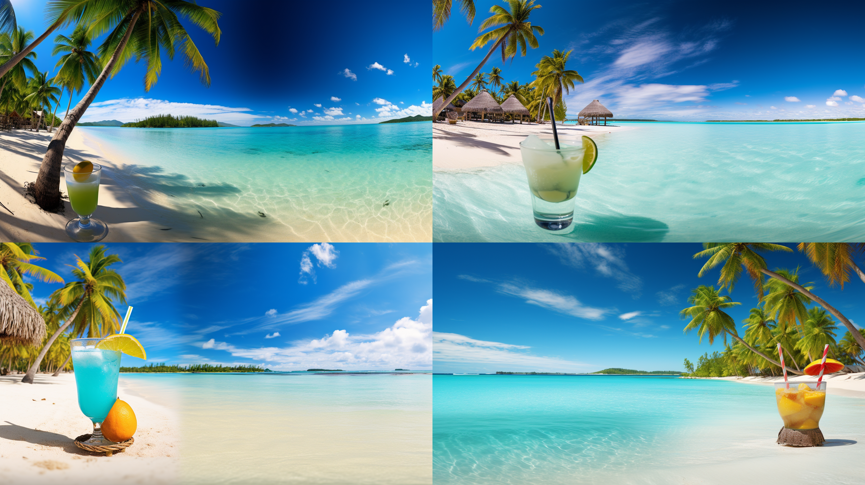 海滩全景，椰子树环绕，鸡尾酒在手，天堂岛风光，加勒比海风情，棕榈树点缀，热带气候，印度洋背景，广角镜头，自然光，鲜艳色彩，放松氛围。