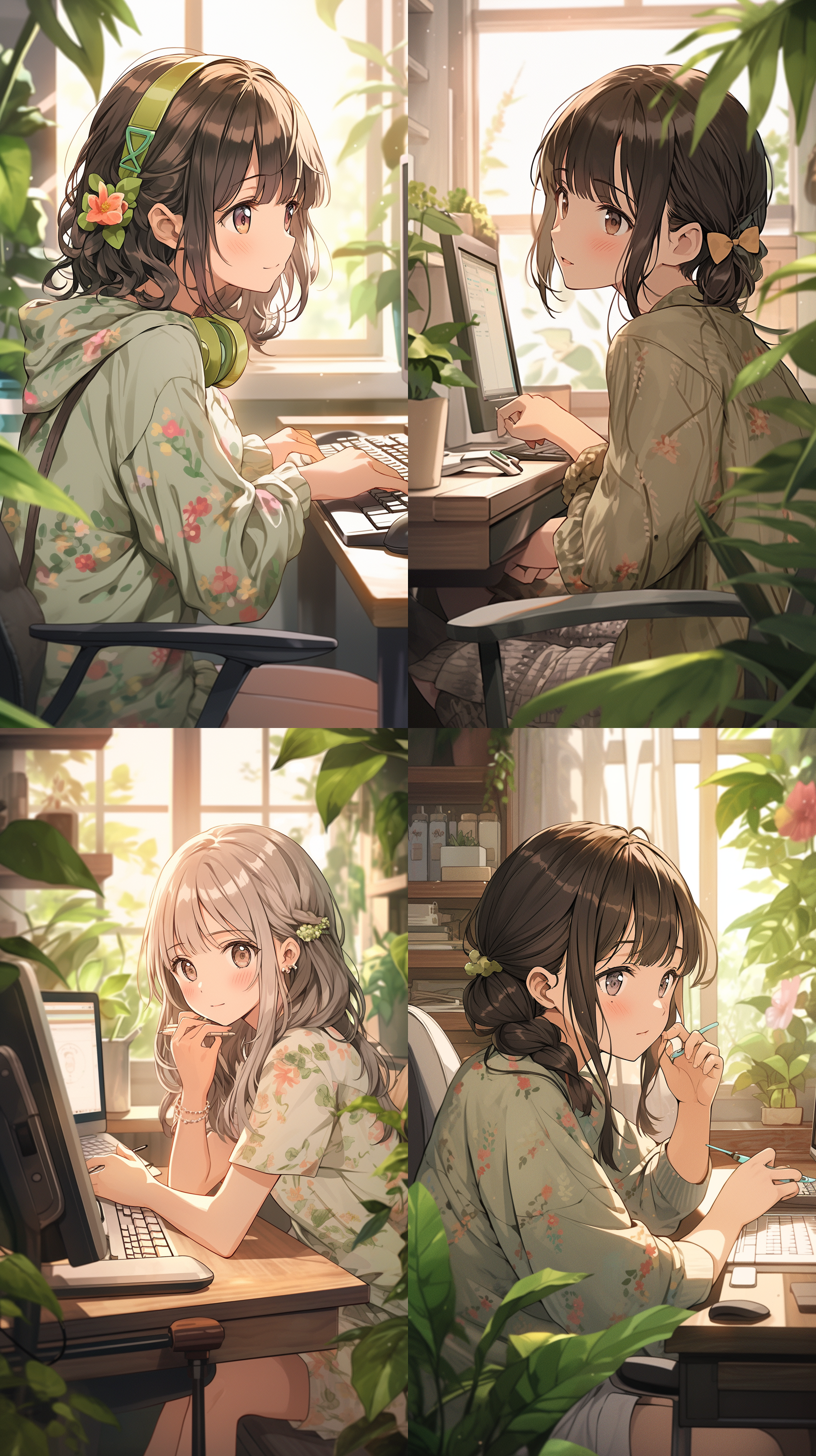 白天书房，女生卡通形象，电脑前打字，温馨氛围，自然光，柔和色彩，特写镜头，专注表情，室内装饰，木质书桌，绿色植物，轻松愉悦。