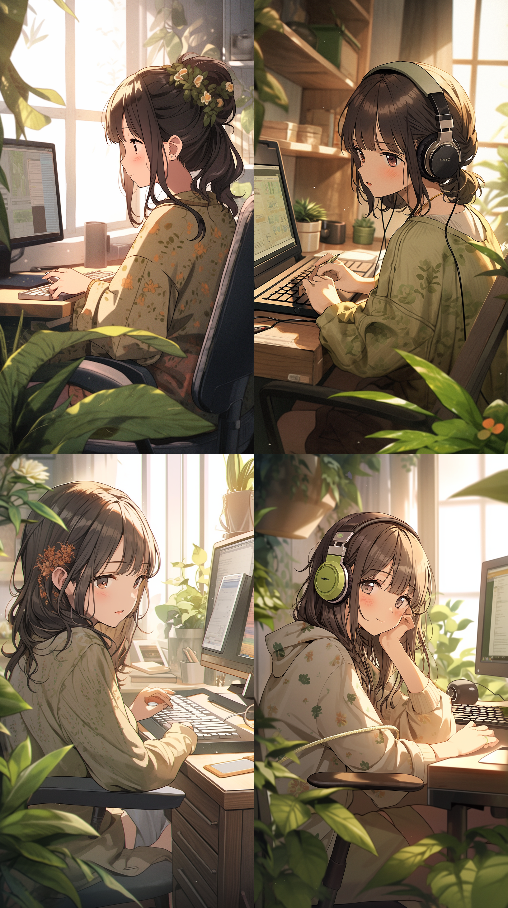 白天书房，女生卡通形象，电脑前打字，温馨氛围，自然光，柔和色彩，特写镜头，专注表情，室内装饰，木质书桌，绿色植物，轻松愉悦。