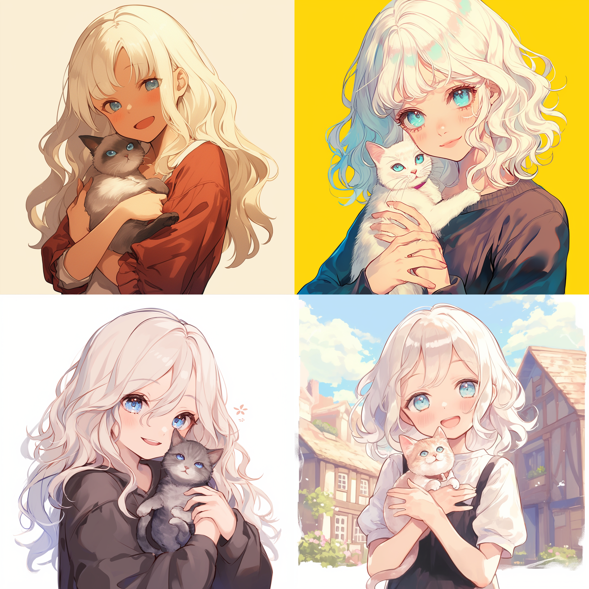 奶白色的淡卷发，湛蓝色的眼睛，圆圆的，手中抱着只小奶猫，脸色洋溢着笑容，女生