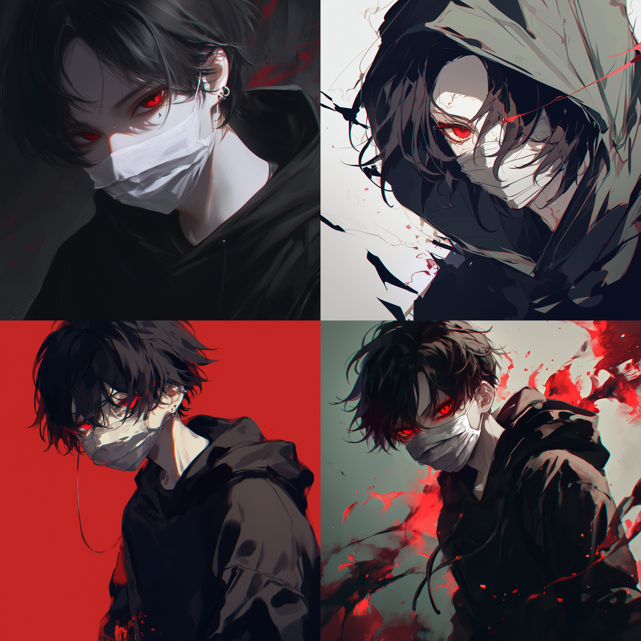 黑色头发的男生，帅气，有杀气，红色的眼睛，戴着未知感，脸上迷离，戴着白色口罩，穿着黑色卫衣