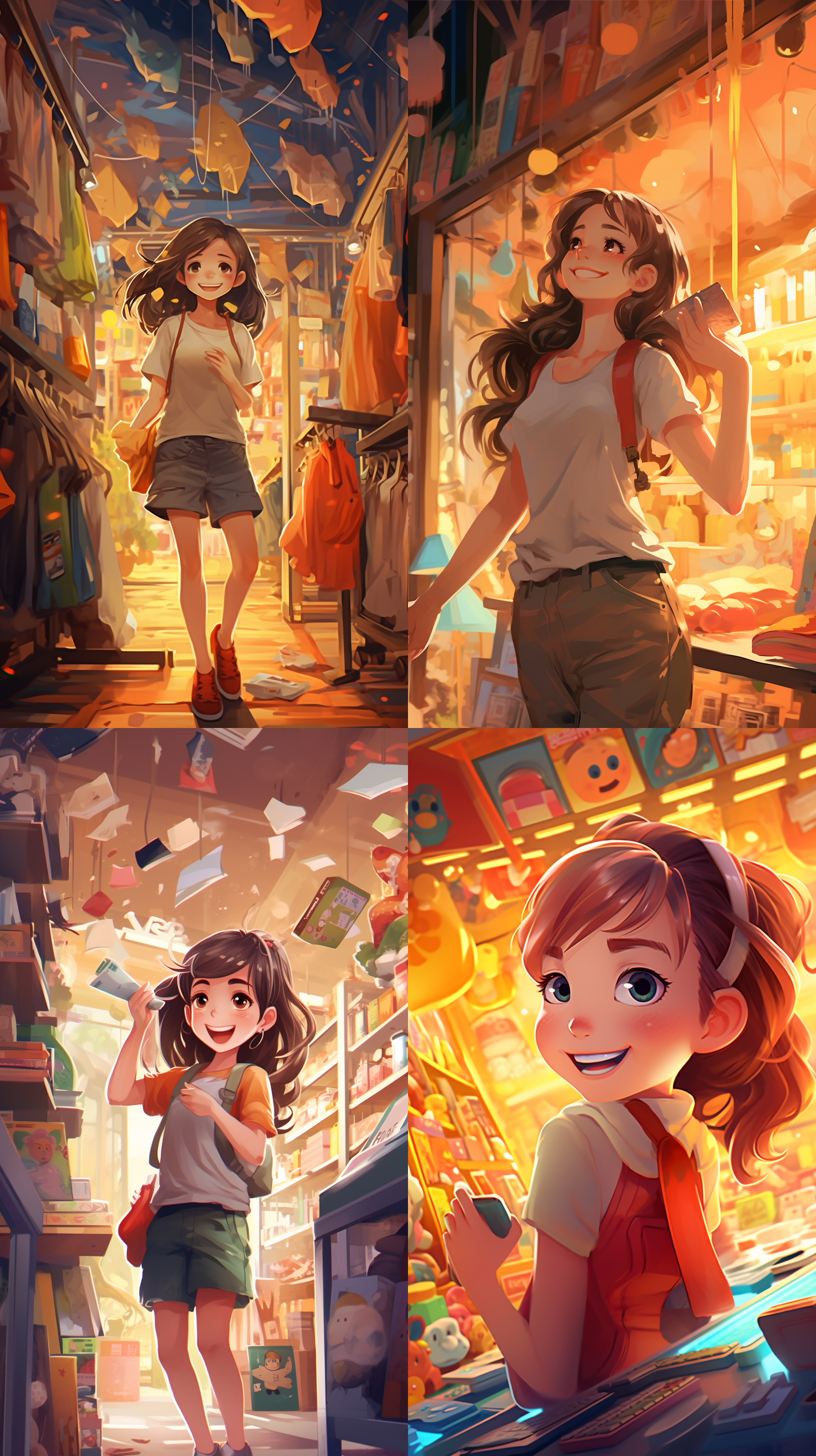 卡通风格，女生微笑，卖东西，小卖部背景，明亮色彩，平视角，柔和光线，温馨氛围，手势友好，细节丰富，活泼表情。