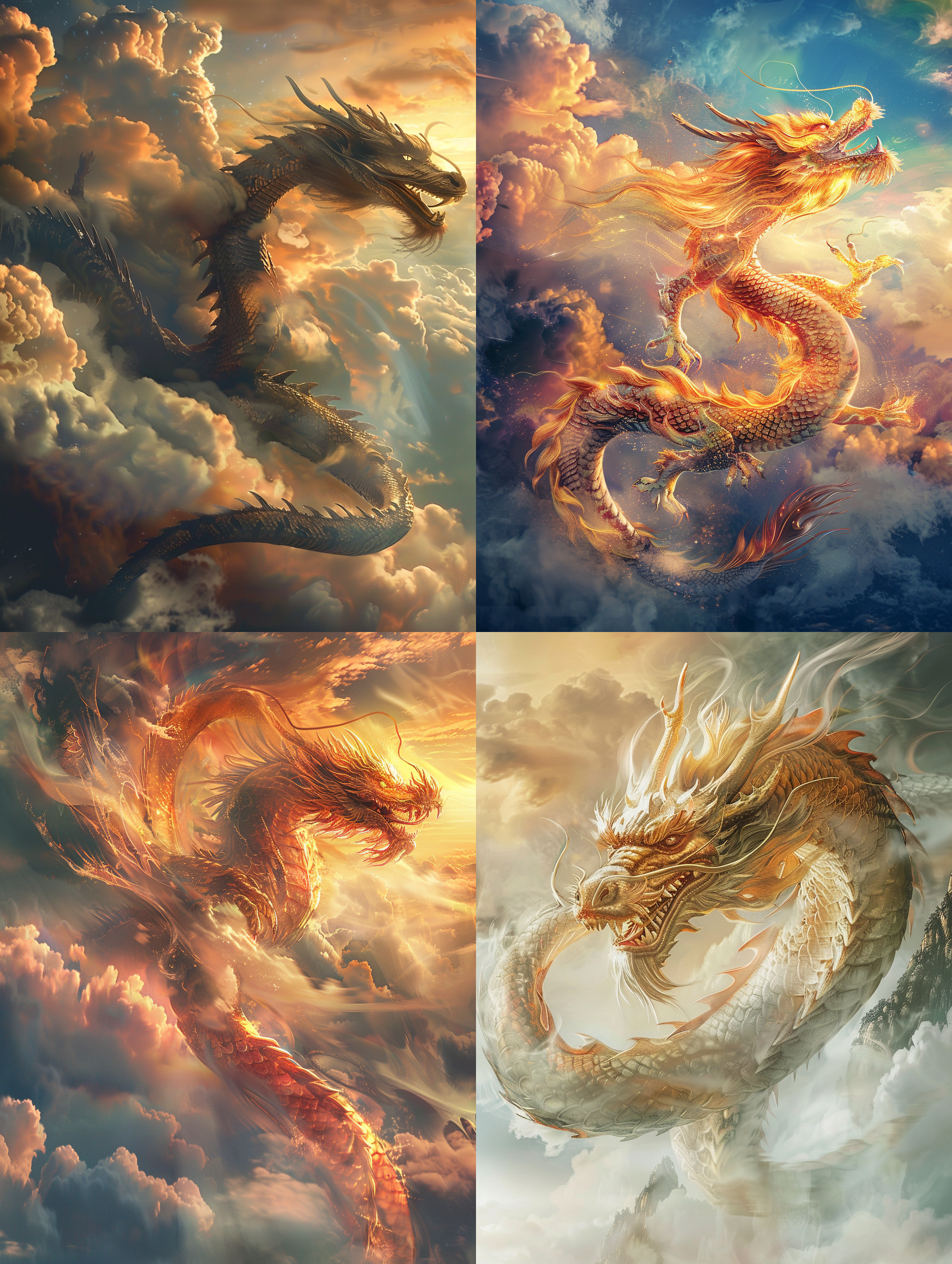 中国龙，腾云驾雾，神秘东方风格，全景构图，天空背景，冷暖色调交错，长焦镜头，逆光，动态模糊，威严，力量感。