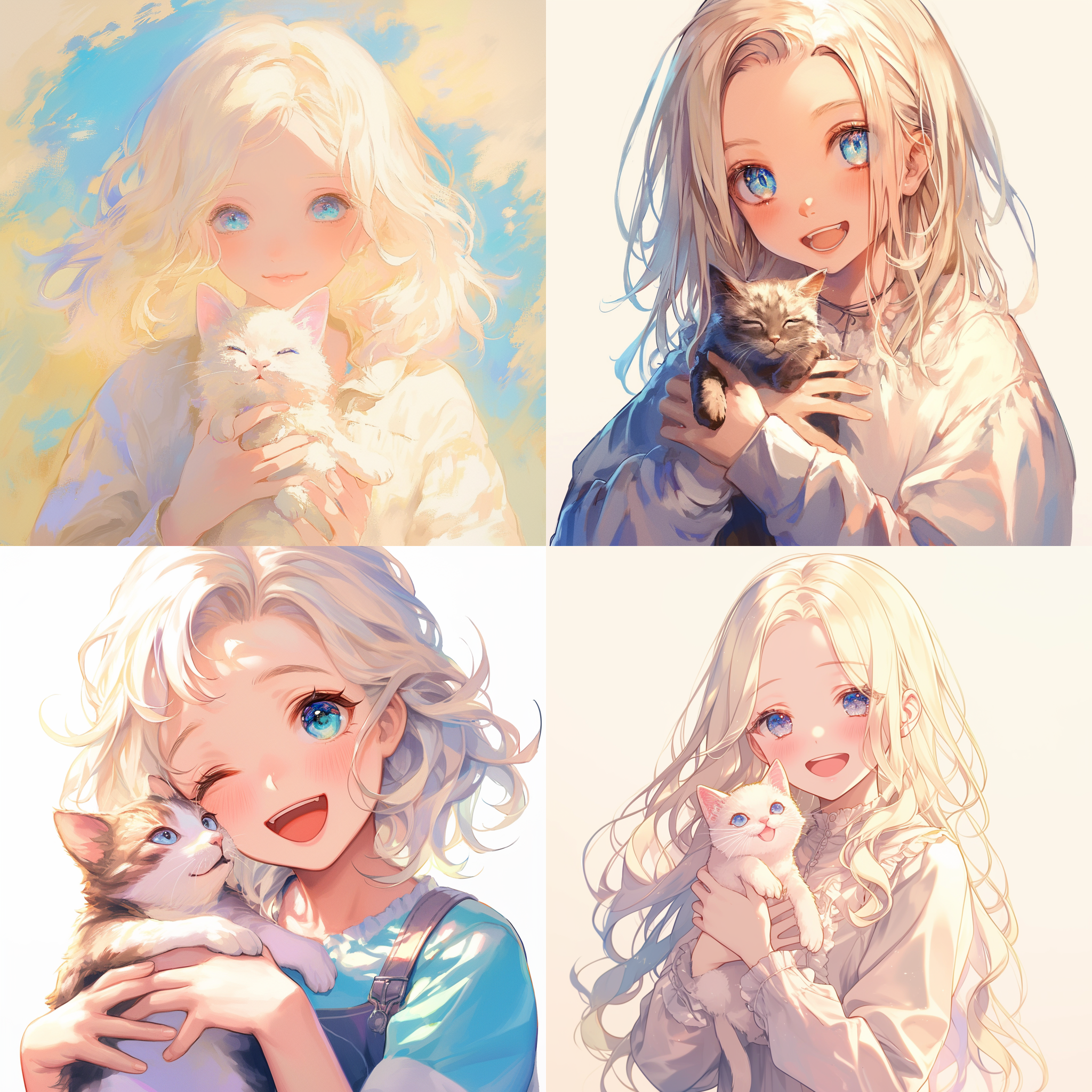 奶白色的淡卷发，湛蓝色的眼睛，圆圆的，手中抱着只小奶猫，脸色洋溢着笑容，女生