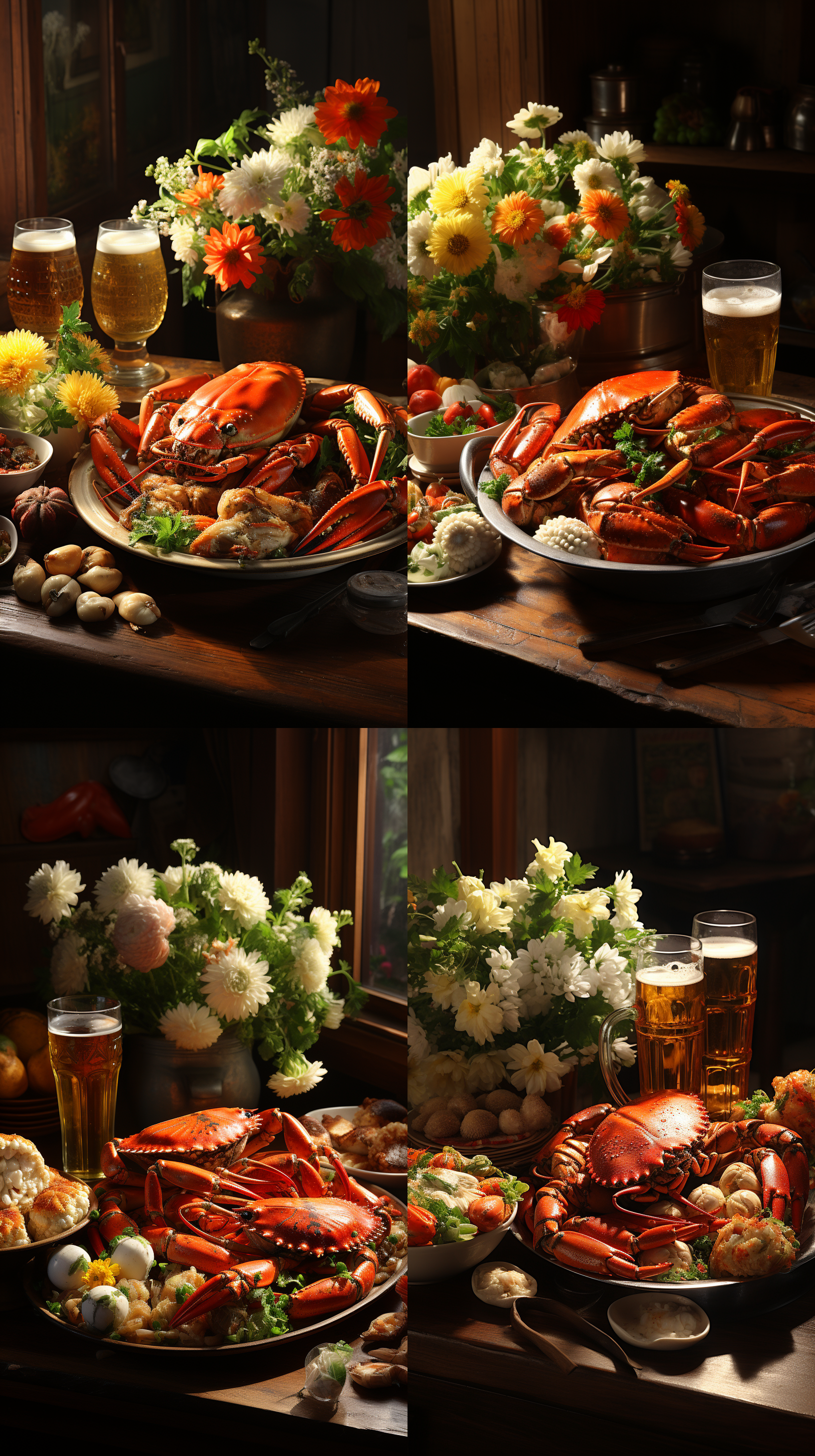 烧烤桌上 ， 一杯泡沫丰富的啤酒 ，一碟花生米， 一盘色泽诱人 令人食欲大振的蒜泥龙虾