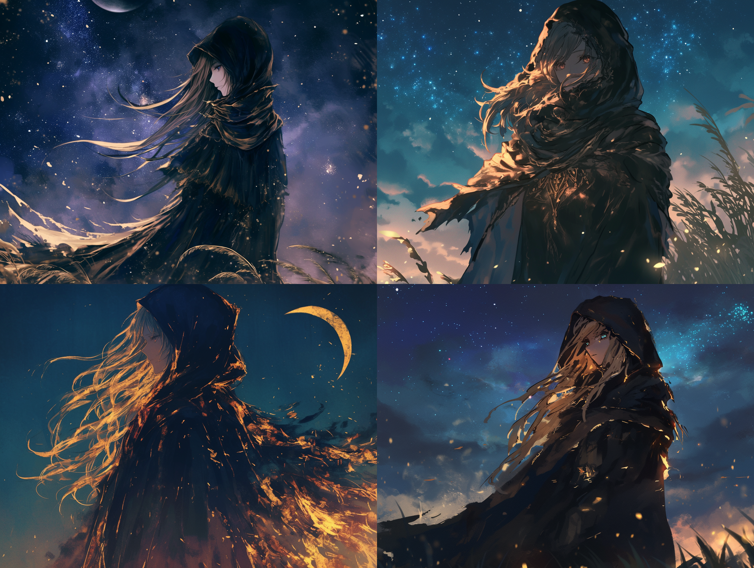 黑夜繁星月亮下，女性侧身凝视，破旧黑色斗篷，亚麻色长发，兜帽遮面，神秘氛围，暗调背景，星光点缀，长曝光，低角度，冷色调，深邃眼神，静谧。