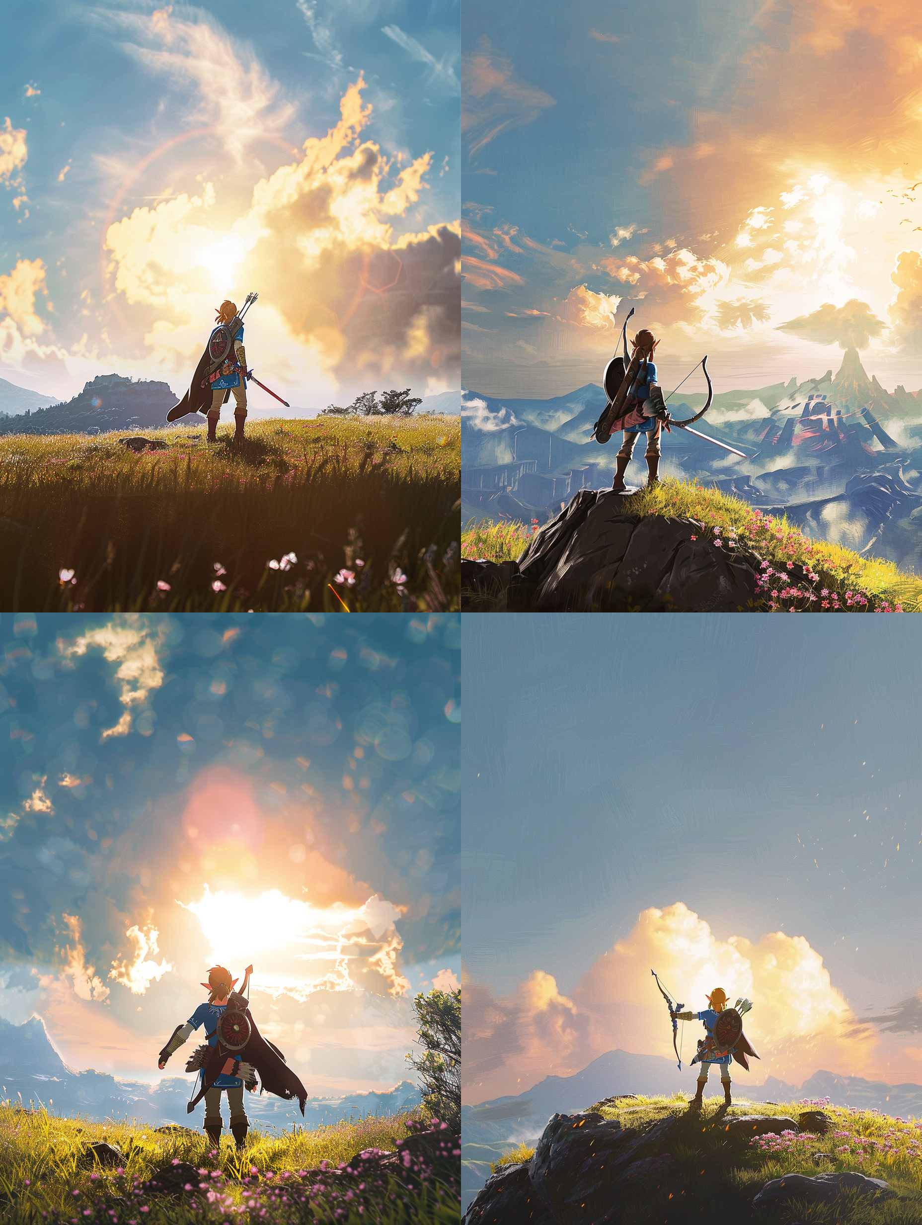 旷野之息，塞尔达，双人，人小景大，远景，夕阳，逆光，剪影，广角镜头，荒野，冒险，长袍，弓箭，仰视角度，金色阳光，神秘感。