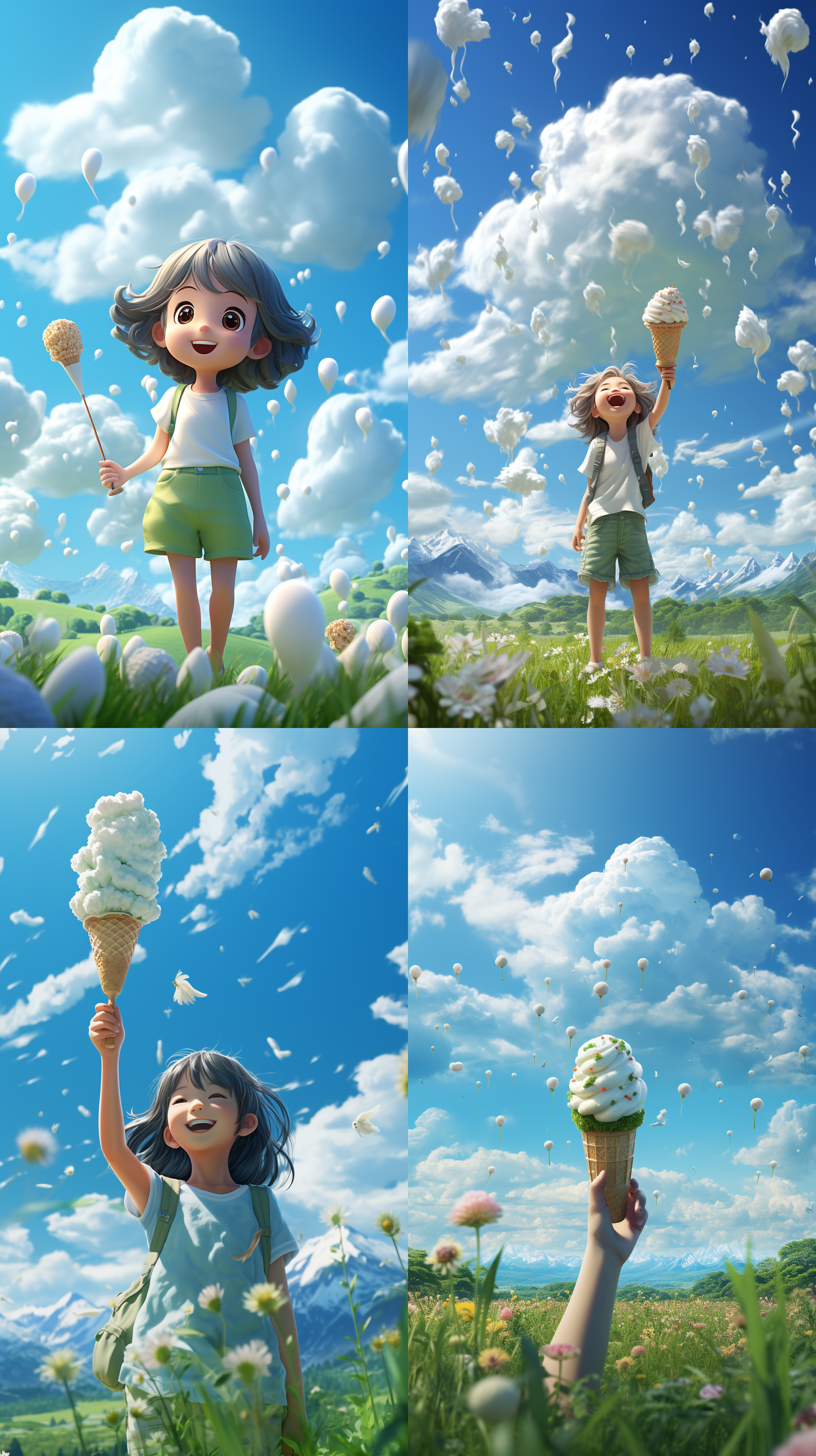 背景蓝天白云下，一望无垠的绿草地，欢乐的卡通小女孩，一只手，拿着，奶油味味冰淇凌，火炬形状，全景展示，清新日式风格，细腻质感，不填充背景色，柔和，清凉，诱人， 3d ，全景深摄像