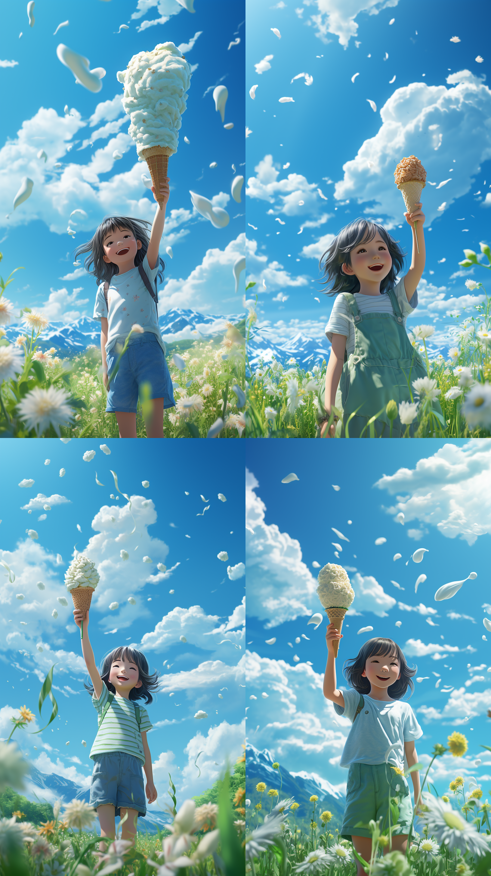 背景蓝天白云下，一望无垠的绿草地，欢乐的卡通小女孩，一只手，拿着，奶油味味冰淇凌，火炬形状，全景展示，清新日式风格，细腻质感，不填充背景色，柔和，清凉，诱人， 3d ，全景深摄像