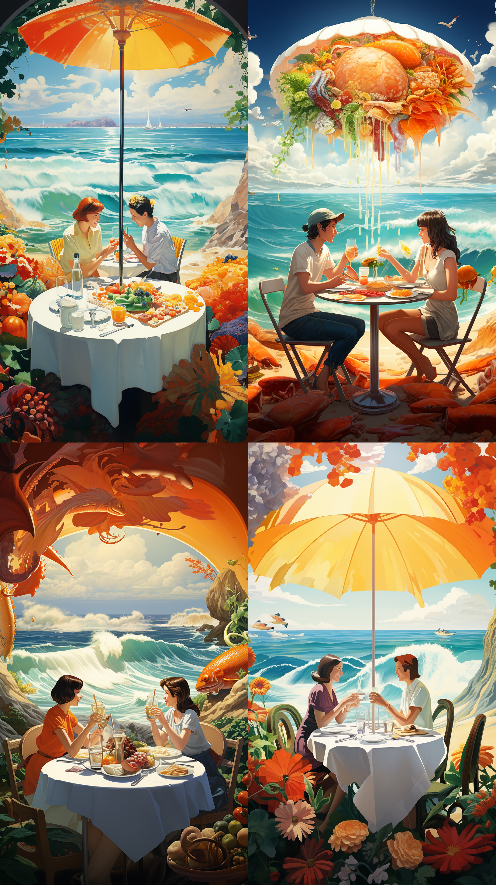 彩色遮阳伞下，圆桌 ，洁白的台布。两个女人并排坐在桌子旁。 啤酒杯里泡沫丰富，色泽诱人的海鲜拼盘，沙滩 大海