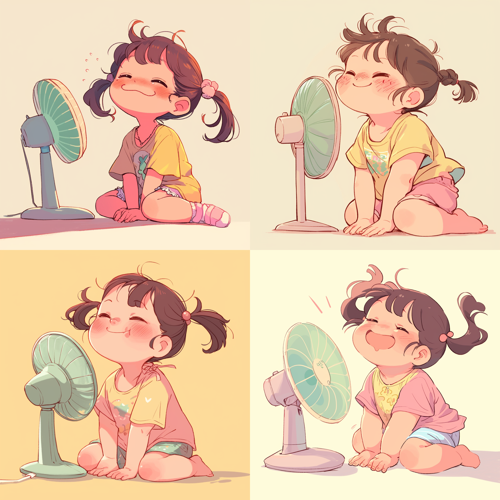 小女孩享受电扇清凉，卡通插画风格，两个小辫子，双手撑地，享受表情，背景留白，清新色彩，柔和光线，细节丰富，童趣盎然。