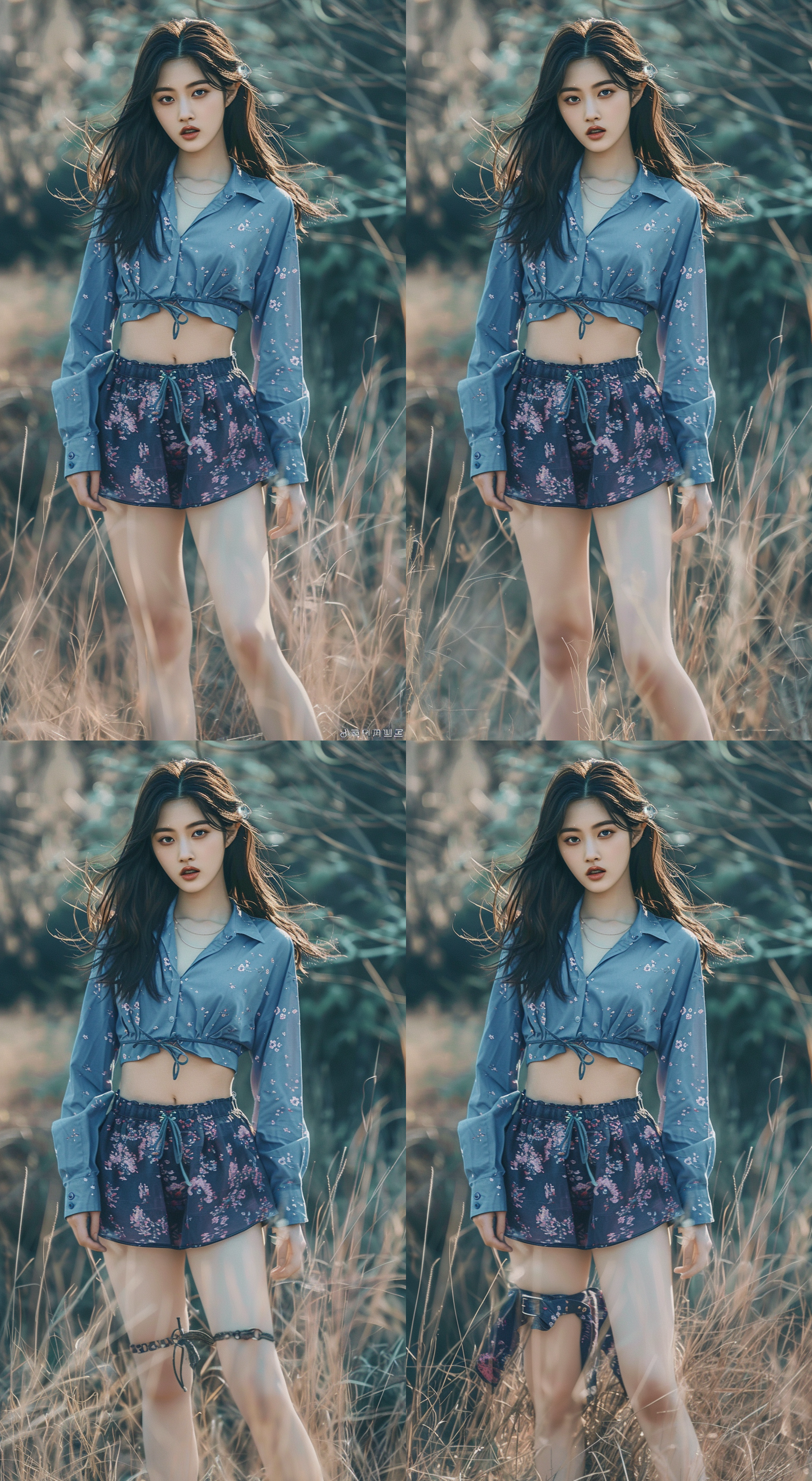 中国美女，栗色波浪长发，红润的嘴唇，天蓝色的衬衣，暗紫色的碎花短裙，匀称修长的美腿，全身照，追求细节。8k