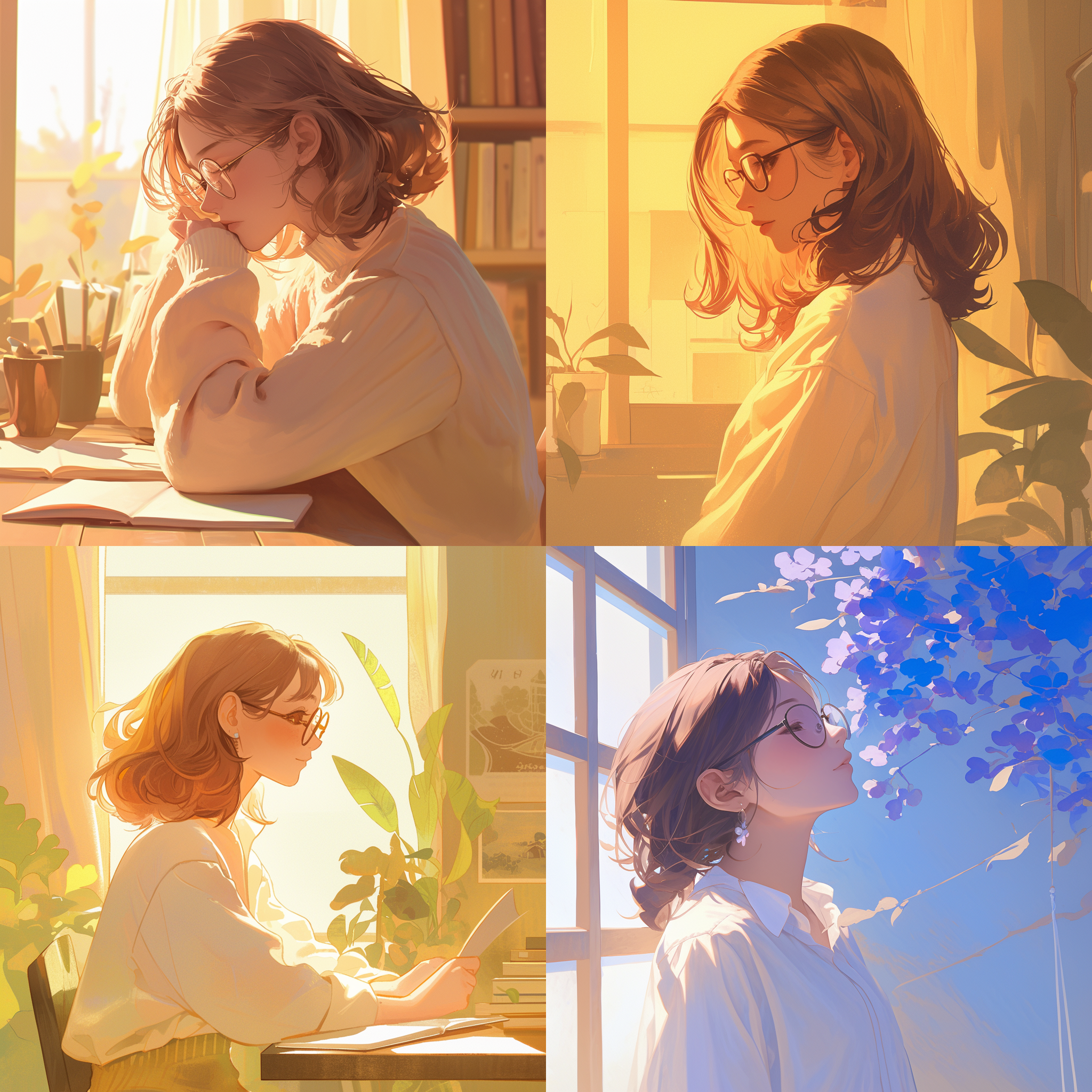 美女居家写实照，自然光，柔和色调，室内环境，长焦镜头，侧脸微笑，眼镜增添文静气质，丰满身材，高挑身姿，年轻活力，温馨氛围。