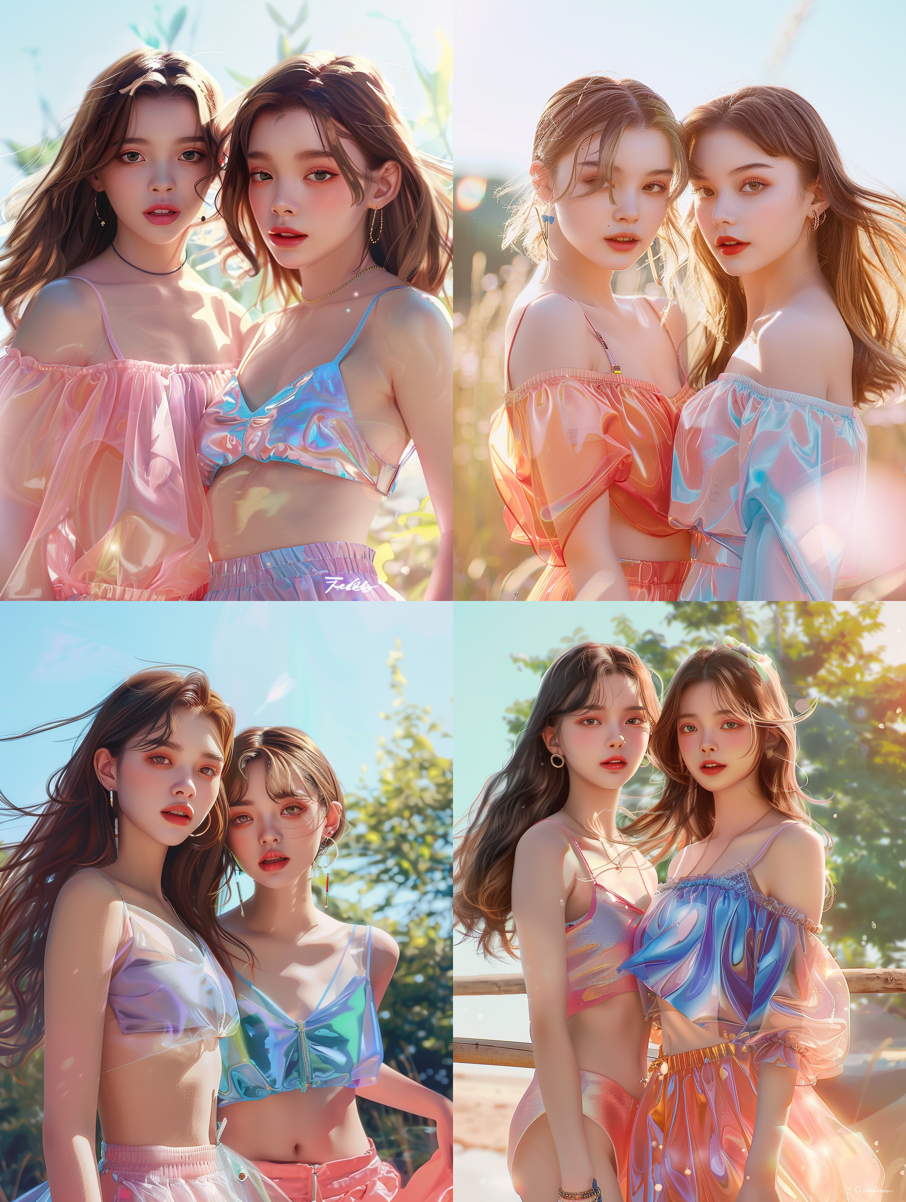 夏日彩色穿搭，2个甜美20岁大学生，短发；摆拍，超级写实，皮肤白皙；阳光下，鲜艳色彩，微笑，吊带，短裙，凉鞋，自然光，柔和色调，中景，清新，活泼。