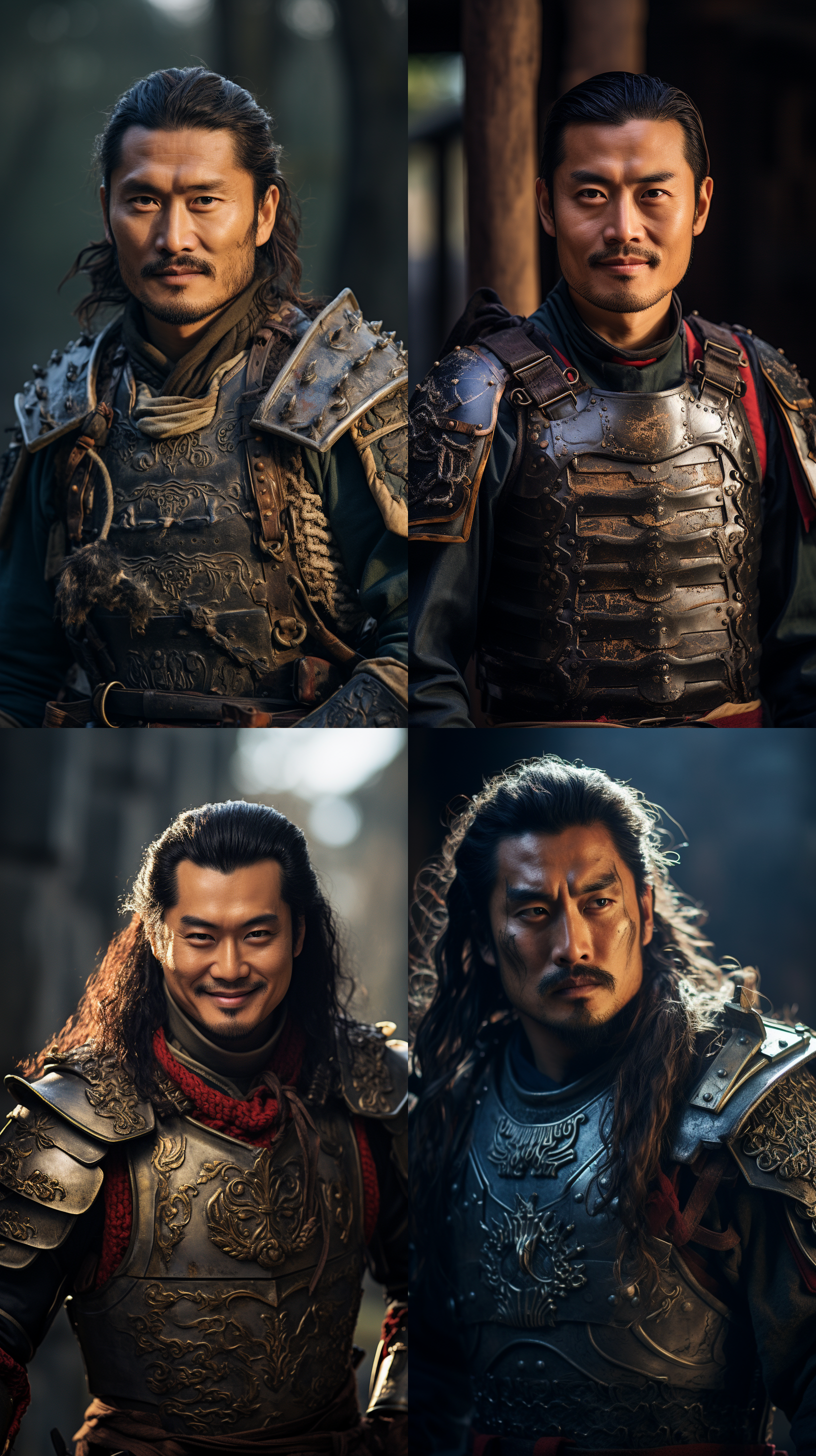 中国古代将军，帅气面对镜头，室外，盔甲，逆光，长焦镜头，低角度，硬光，金属质感，深邃眼神，自信微笑，冷色调，历史感。