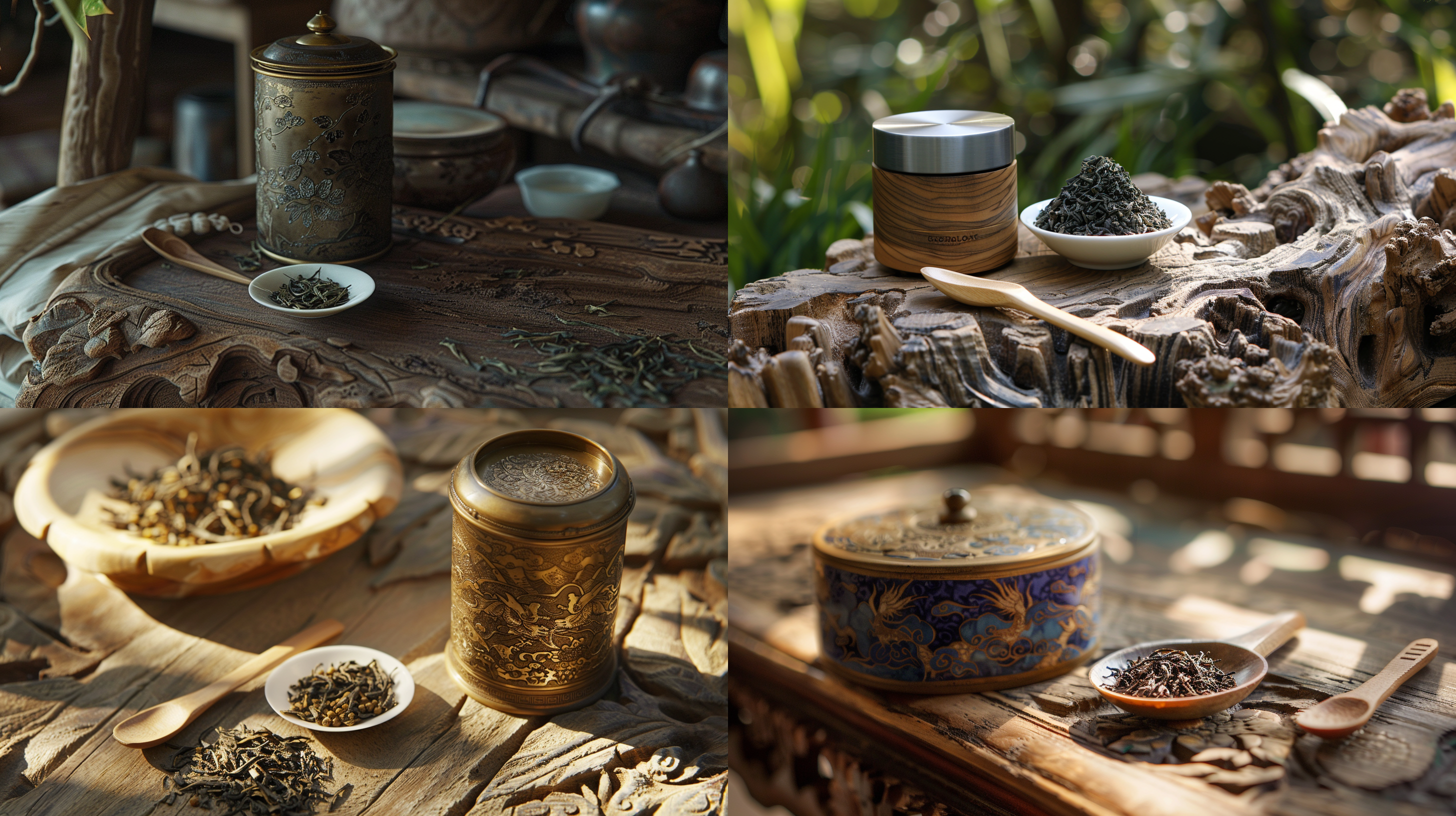茶叶罐躺木雕上，旁边小白碟装茶叶，小木勺静置，自然光，木质纹理，静物摄影，浅景深，柔和光线，自然色彩，宁静氛围，细节清晰，温暖色调，低角度拍摄。