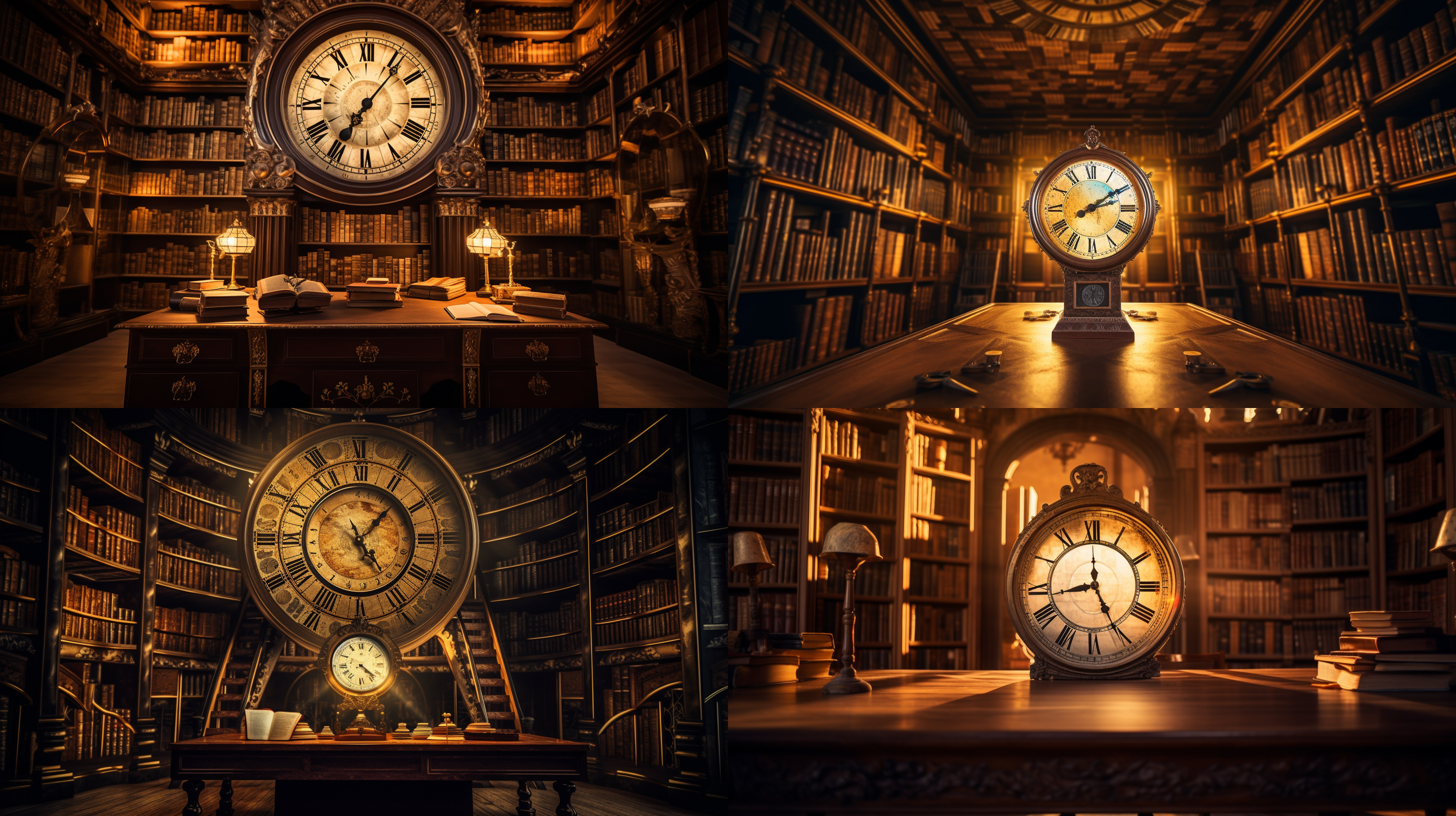 图书馆内景，书架环绕，时钟为中心，复古风格，暖黄色调，长焦镜头，顶光，慢快门，沉浸阅读，时间旅行，神秘，怀旧。