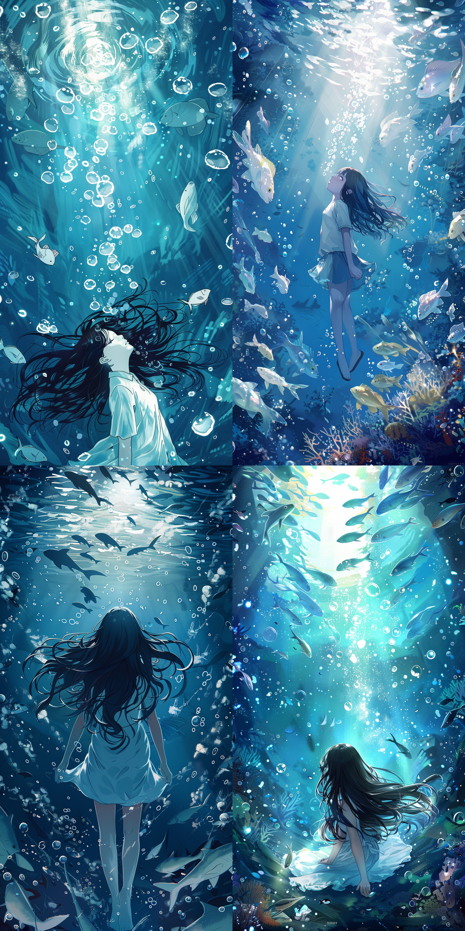 海底世界背景，鱼群，穿衬衫的长发少女溺水，一连串气泡，在海底，在水里的感觉，蓝调，高光对比，广角镜头，侧光，慢快门，海洋生态，平面插画，手绘风，笔触质感，水彩效果，柔和光线，细节丰富，色彩鲜艳，动态捕捉，梦幻氛围。