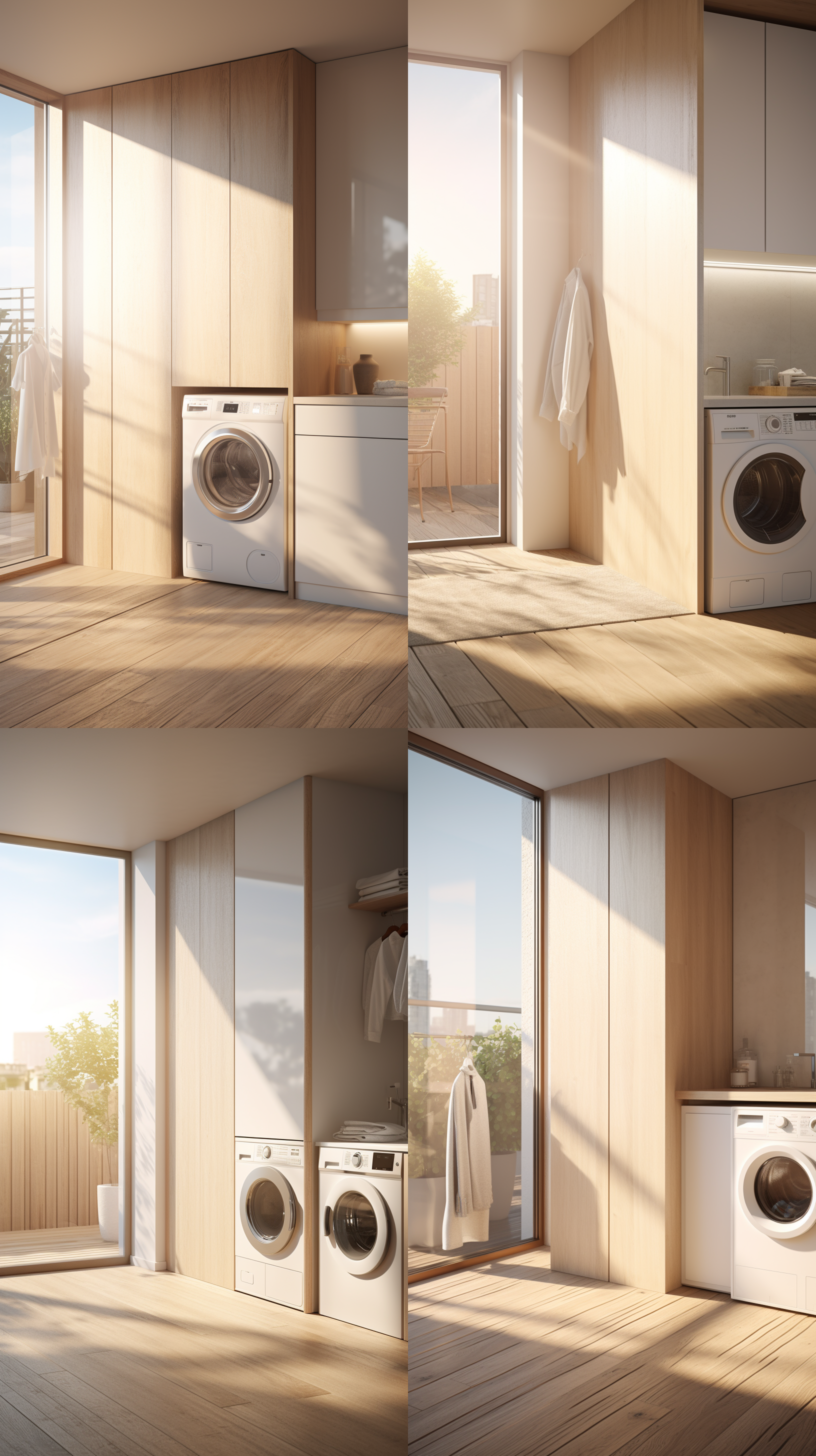 左边是洗衣机嵌入柜子里面， 洗衣机上面是衣柜 衣柜上面是天花板 右边是巨大的落地窗 窗外是天空，自然光，柔和色调，中景，4k分辨率，细腻纹理，静谧氛围，专注表情，流畅动作。