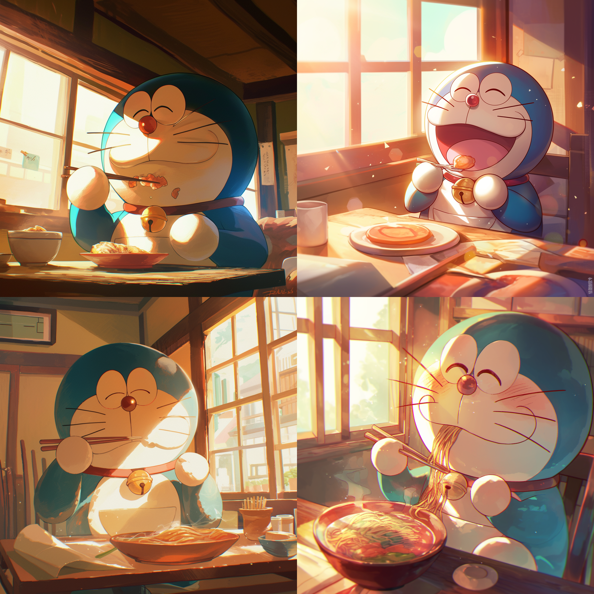 哆啦a梦吃东西，卡通风格，温馨场景，室内，柔和光线，特写镜头，自然光，微笑，满足，蓝色和白色，欢乐。