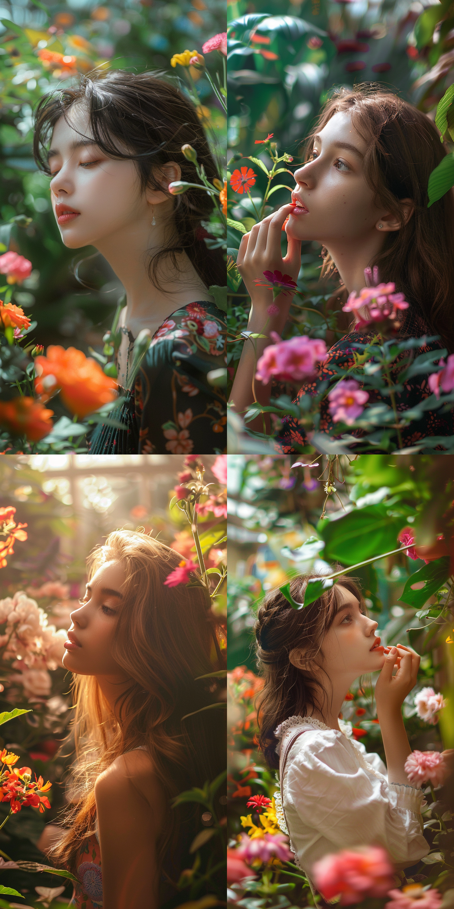 大师人像摄影，18岁少女凝视，轻轻闻着花香，周围是茂盛植物和五彩花丛，身材苗条，自然光，光彩照人，半身肖像，景深效果，85mm