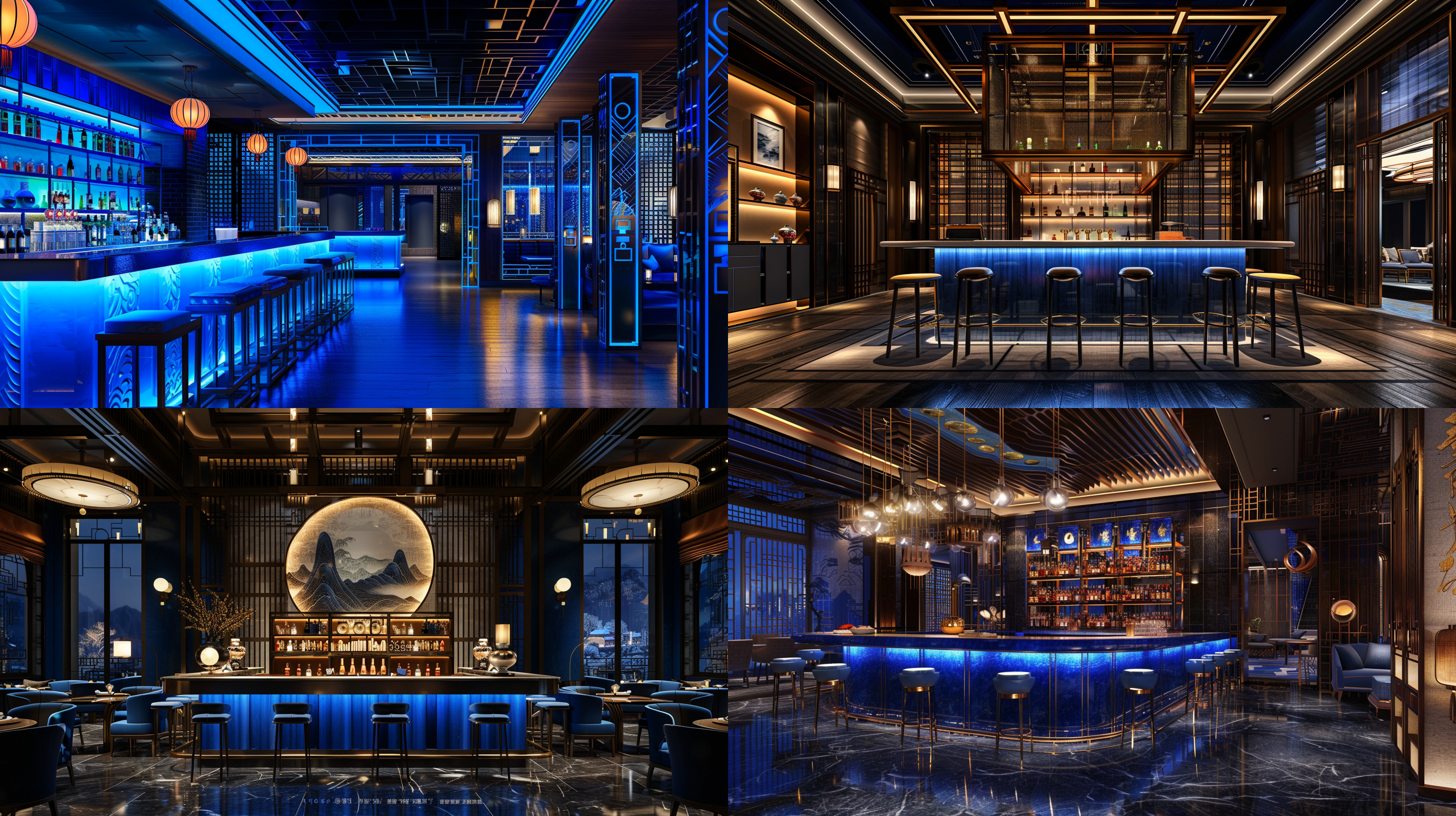 30平米大小的酒吧，蓝色灯光，现代时尚的设计，有浓烈的中式元素和中国风的感觉，en渲染效果图，线性灯装饰，高级感