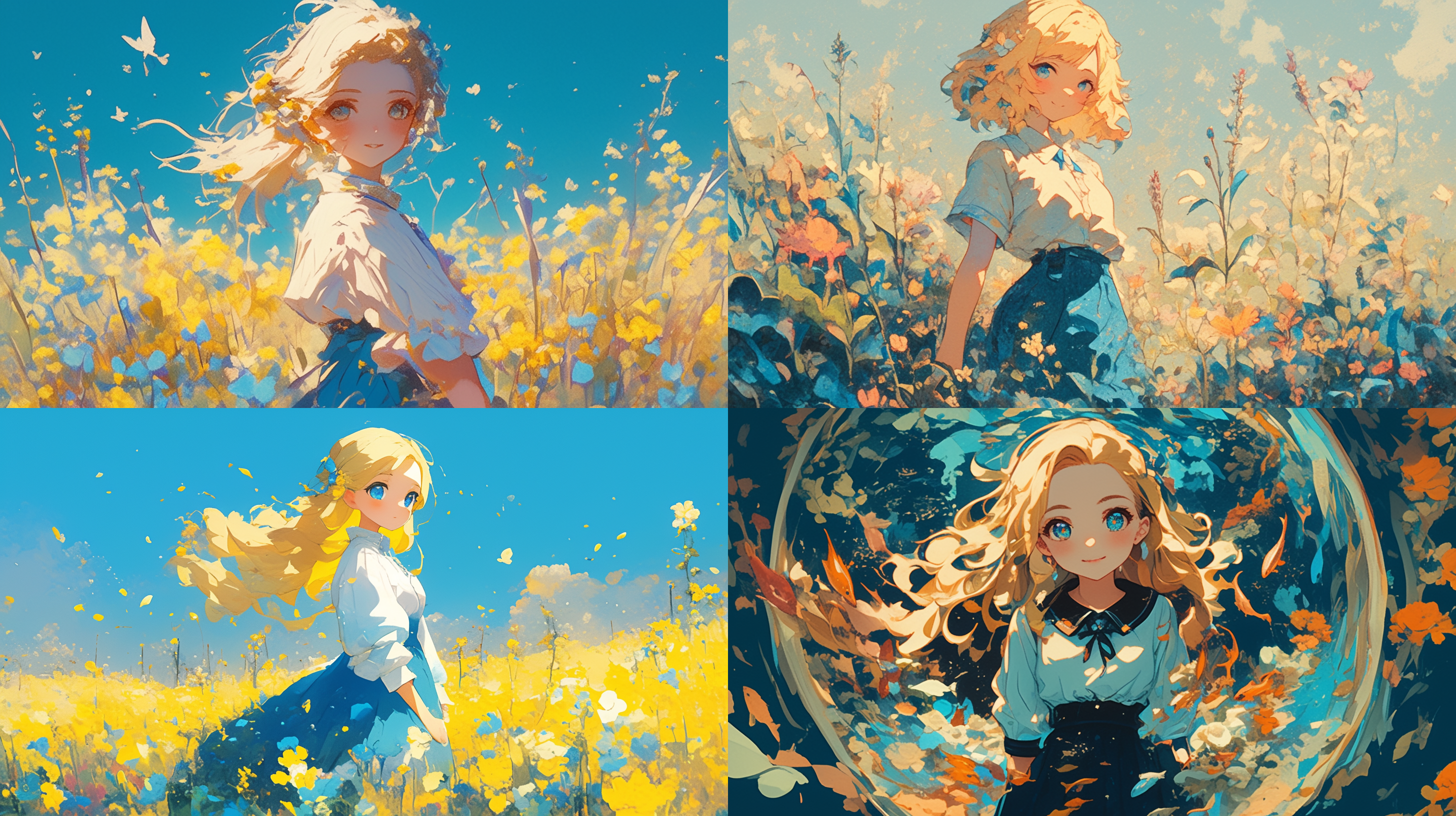 金黄色的头发，淡蓝色的眼睛，脸圆乎乎的，穿着蓝色的小裙子，可爱风，站在花海中，插画风