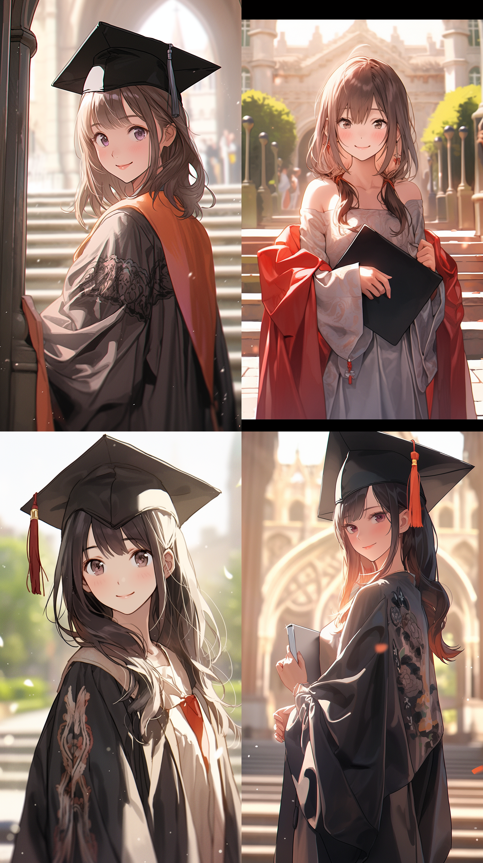 女生穿学士服，动漫风格，微笑，五官清晰，站立，白天，阳光，大学门口，面对镜头，柔和光线，中景，高饱和色彩，细节丰富，青春活力，正面视角。