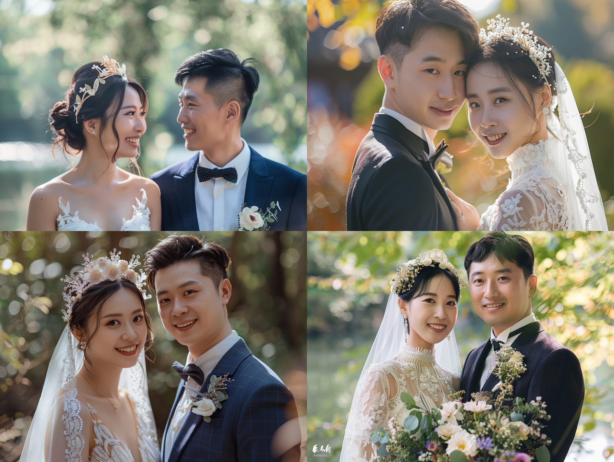 婚纱照，人像摄影，森系婚纱，梦幻色彩，一对优雅的中国夫妇，一个穿白色婚纱和精致的头饰，另一个穿着正式的西装，微笑，看向镜头，植物，花朵，森林，湖泊，长焦镜头，自然风格，淡金色与紫色，浪漫。