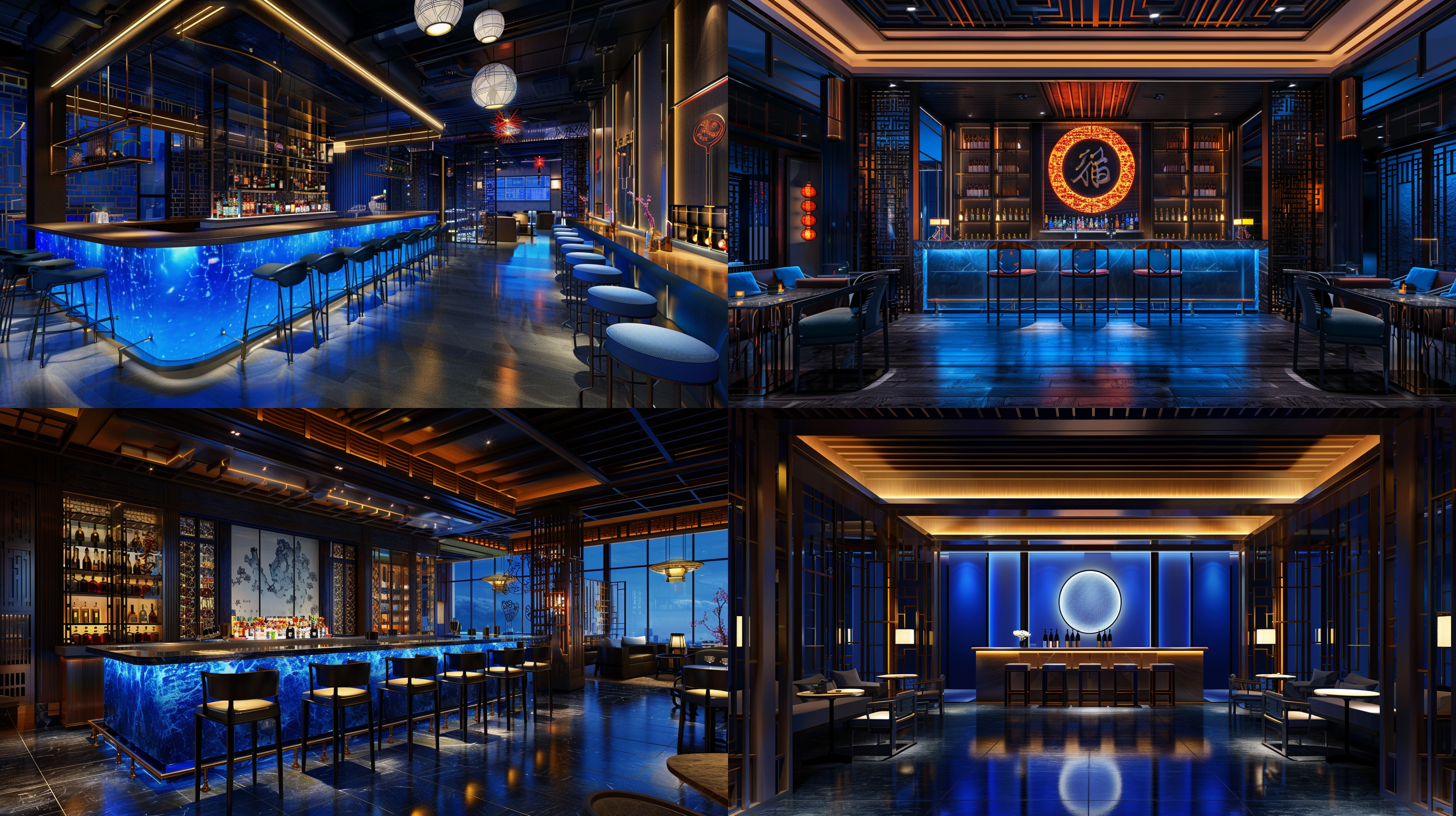 30平米大小的酒吧，蓝色灯光，现代时尚的设计，有浓烈的中式元素和中国风的感觉，en渲染效果图，线性灯装饰，高级感