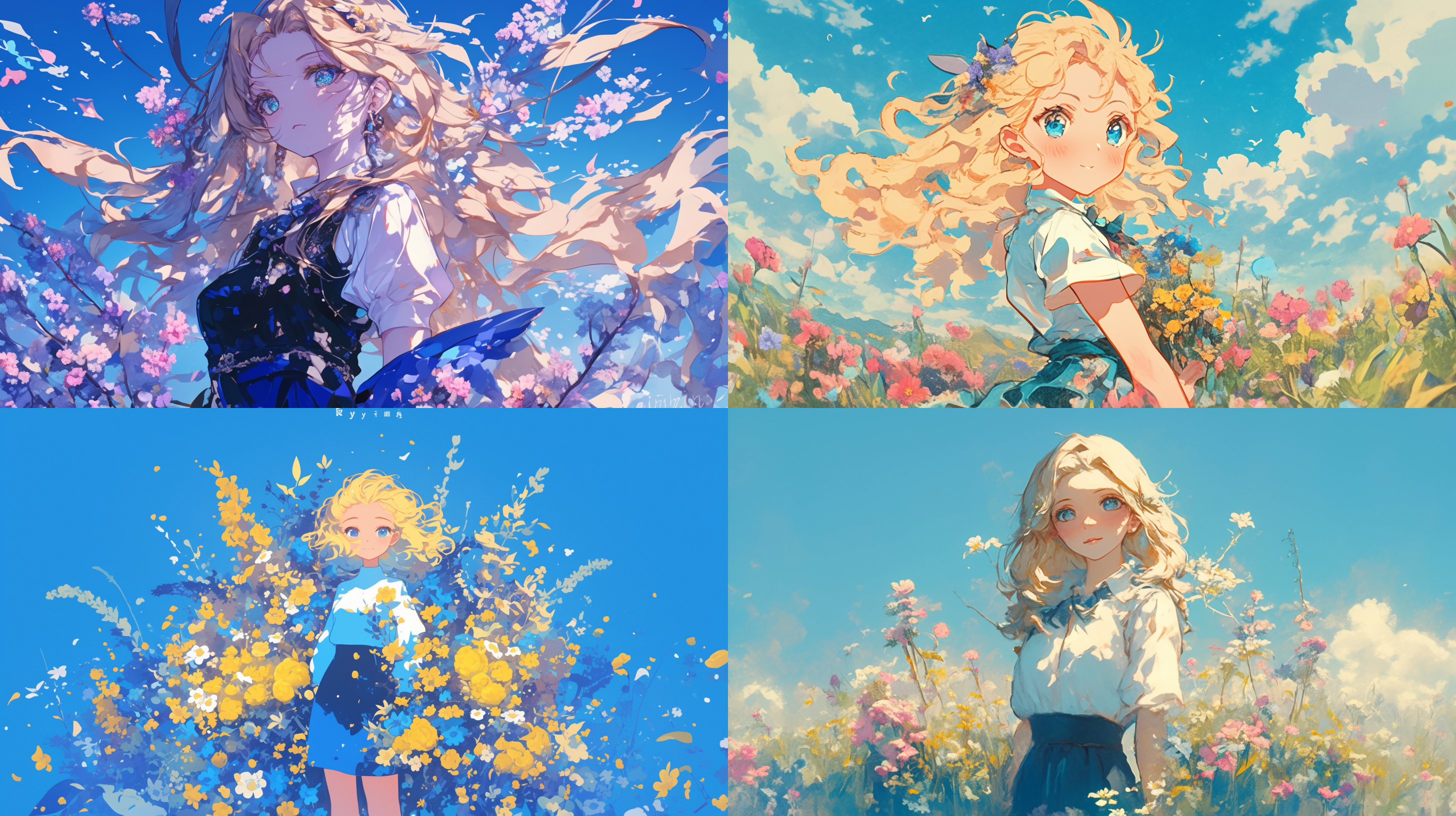 金黄色的头发，淡蓝色的眼睛，脸圆乎乎的，穿着蓝色的小裙子，可爱风，站在花海中，插画风