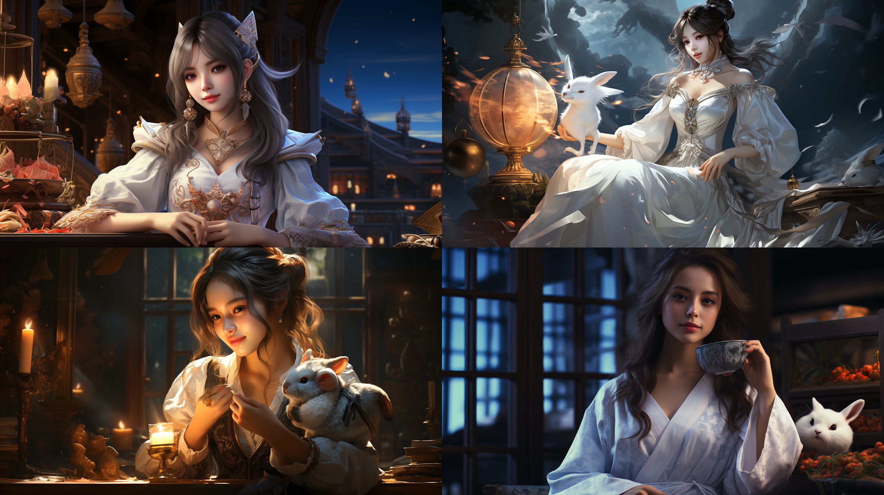 月宫，嫦娥，美女，带一只兔子，穿白色古装，头戴发簪，美艳绝伦，十全十美，一只兔子在捣药，月光，冷调，大师作品，高清，8k