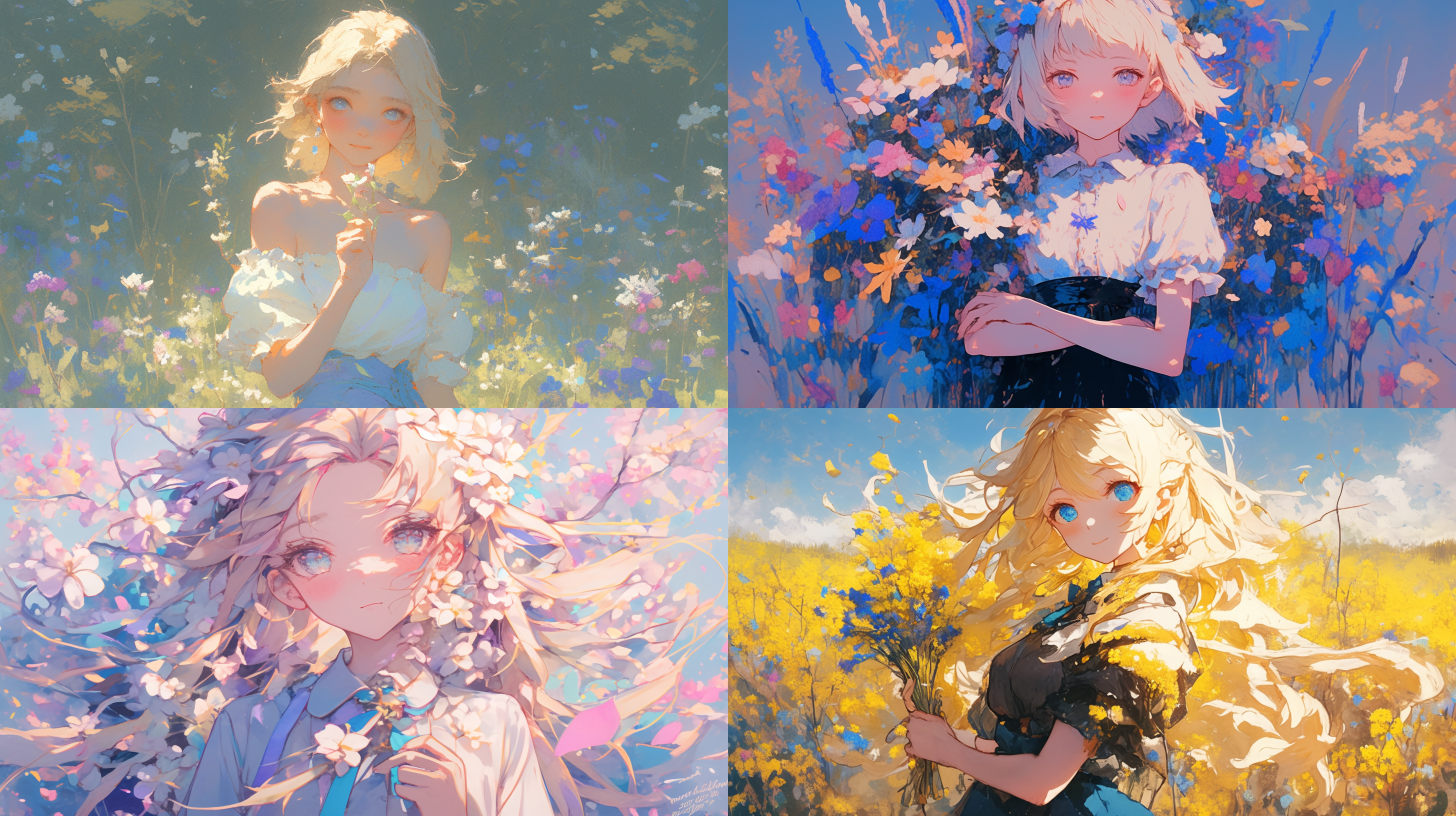 金黄色的头发，淡蓝色的眼睛，脸圆乎乎的，穿着蓝色的小裙子，可爱风，站在花海中，插画风