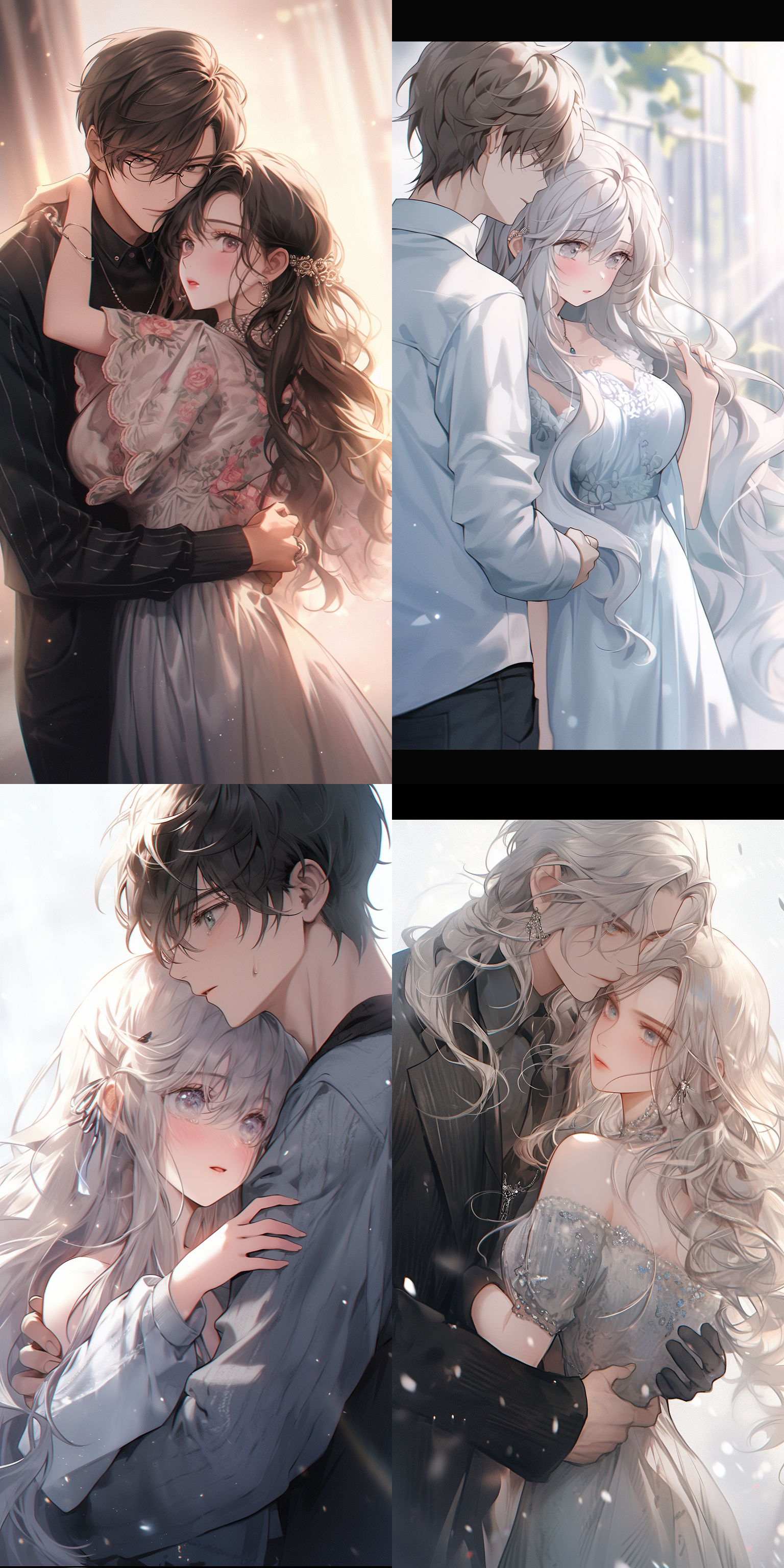 动漫风格肖像，白皙冷白肤，波浪长发，情侣头像，甜美特写，壁纸级，环境光与边缘光，背景简约，oc渲染，细节完整，高光突出，温柔浪漫，细腻全身照，现代女性，16:9比例。