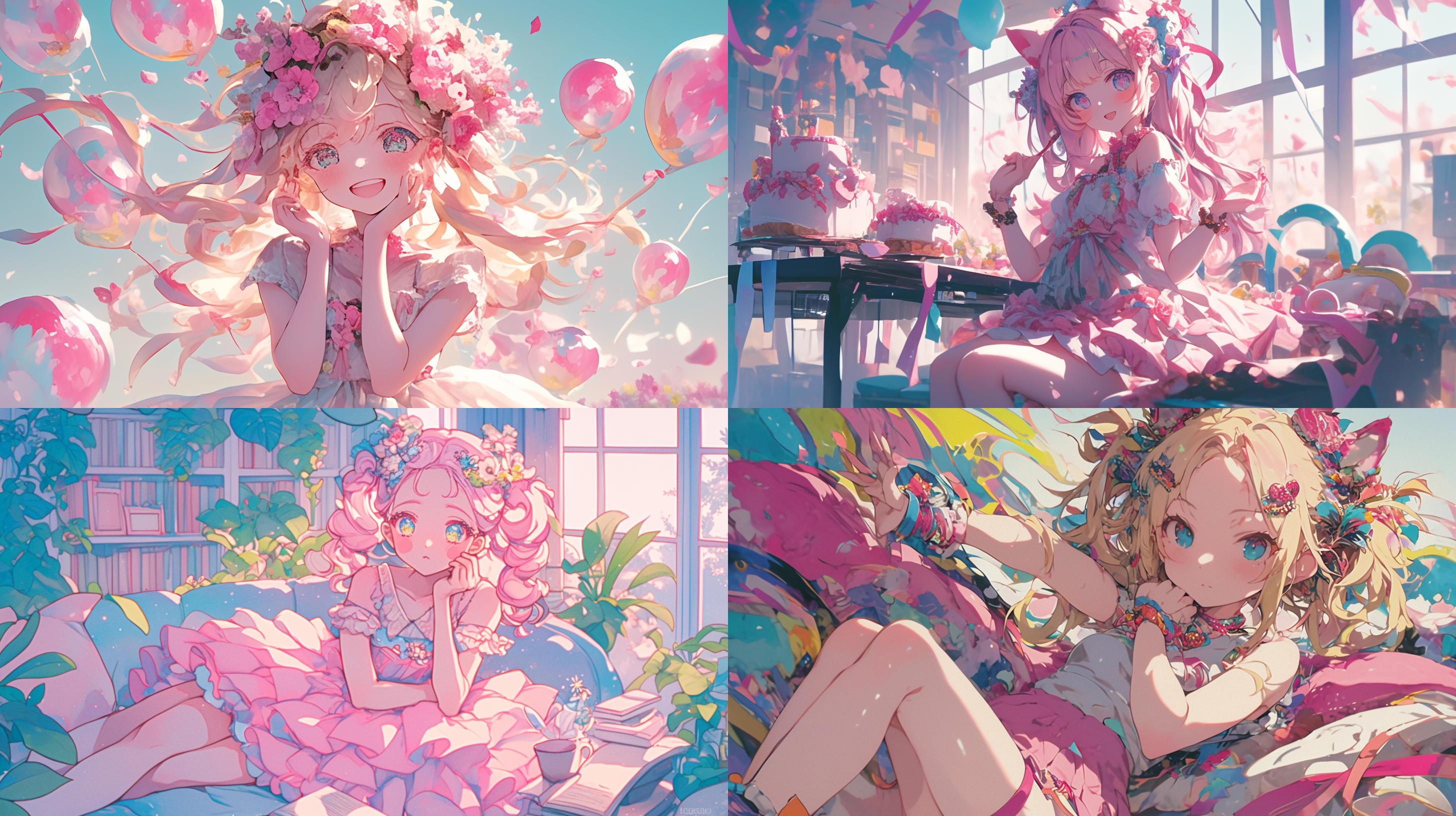 粉色系的少女，穿着粉色系蛋糕裙，长得可爱而不失成熟，头上有些配饰，色彩狂化，增加细微光线，多巴胺风格