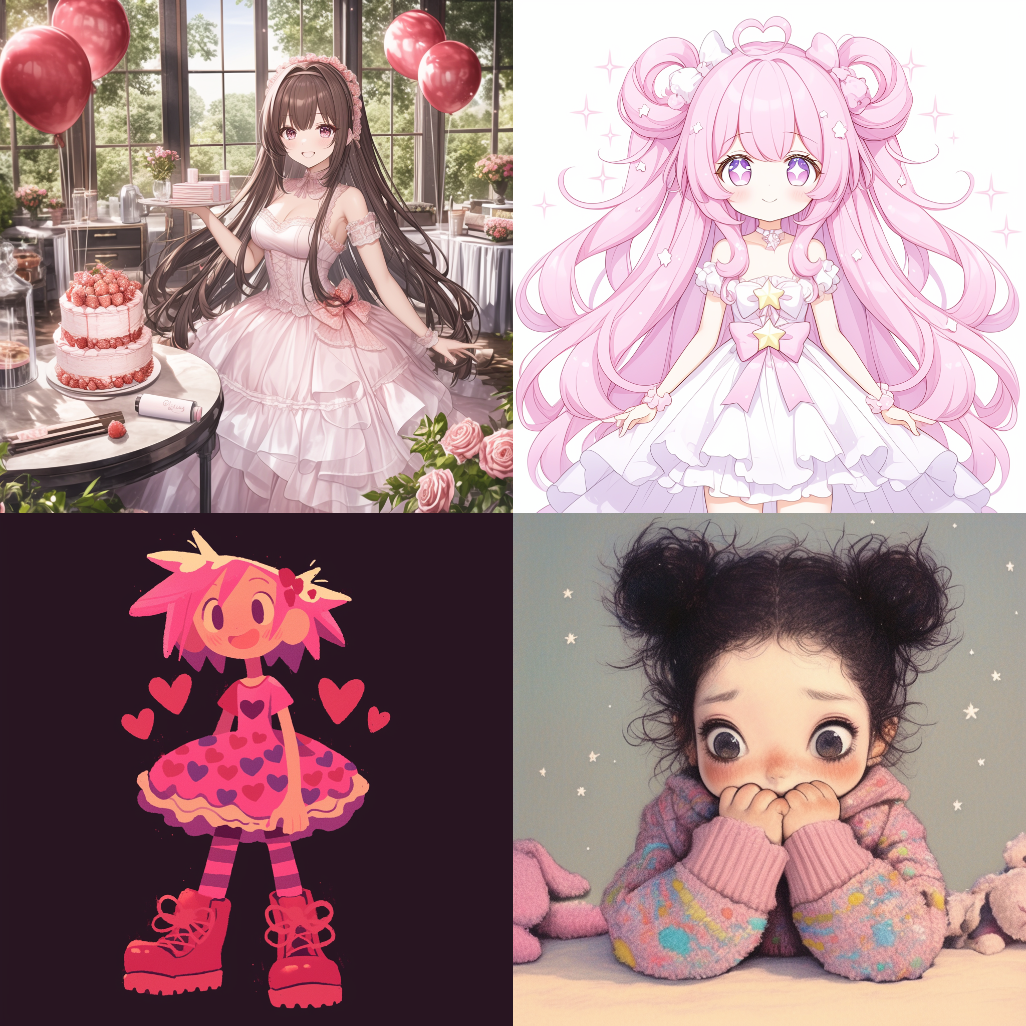 粉色系的少女，穿着粉色系蛋糕裙，长得可爱，头上有些配饰，增加细微光线