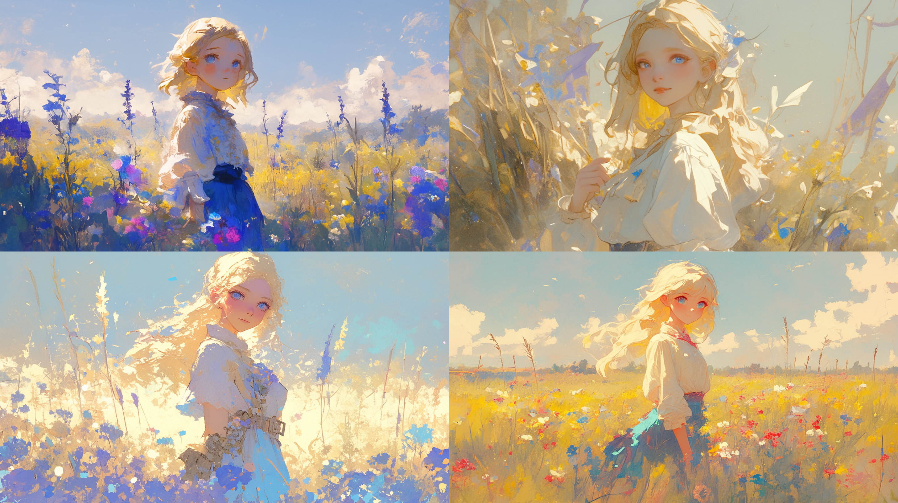 金黄色的头发，淡蓝色的眼睛，脸圆乎乎的，穿着蓝色的小裙子，站在花海中，插画风，油画风