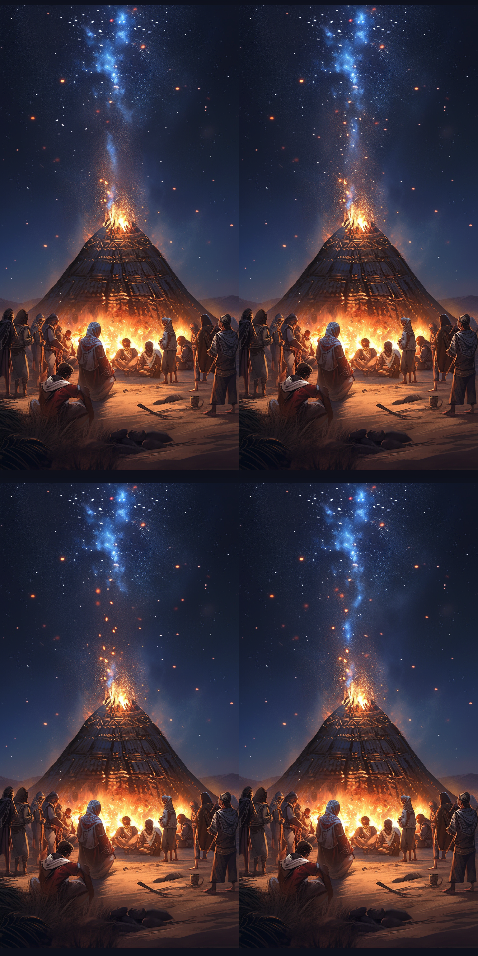 沙漠夜晚，阿拉伯人群围篝火，外星飞船悬空，神秘氛围，低角度拍摄，星空背景，长曝光，暖色篝火与冷色飞船对比，广角镜头，侧光，紧张与好奇并存。