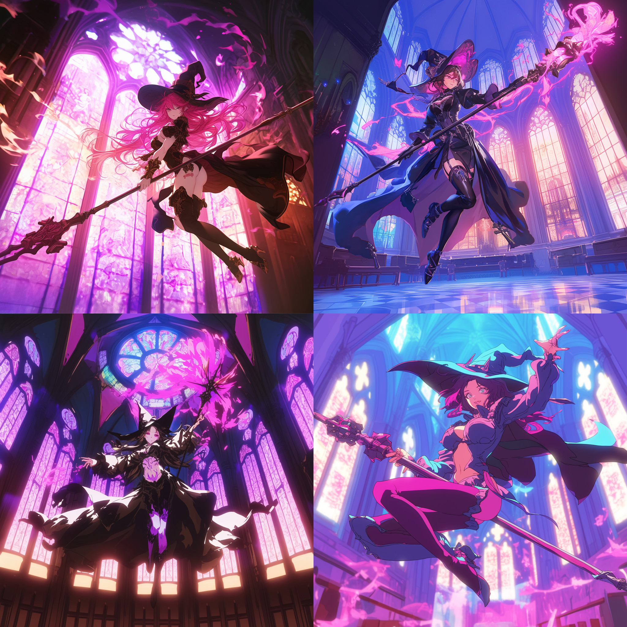 赛璐璐风格，日本动漫截屏，女法师，尖顶帽，长法杖，教堂背景，腹部粉色纹身，优美曲线，披风，明亮色调，高饱和度，细节丰富，动态姿势，连裤袜，哥特式服装，对角线构图，高光突出，教堂内部，广角镜头，侧光，快速快门，跳跃，神秘感，粉色与黑色对比，优雅与力量并存。