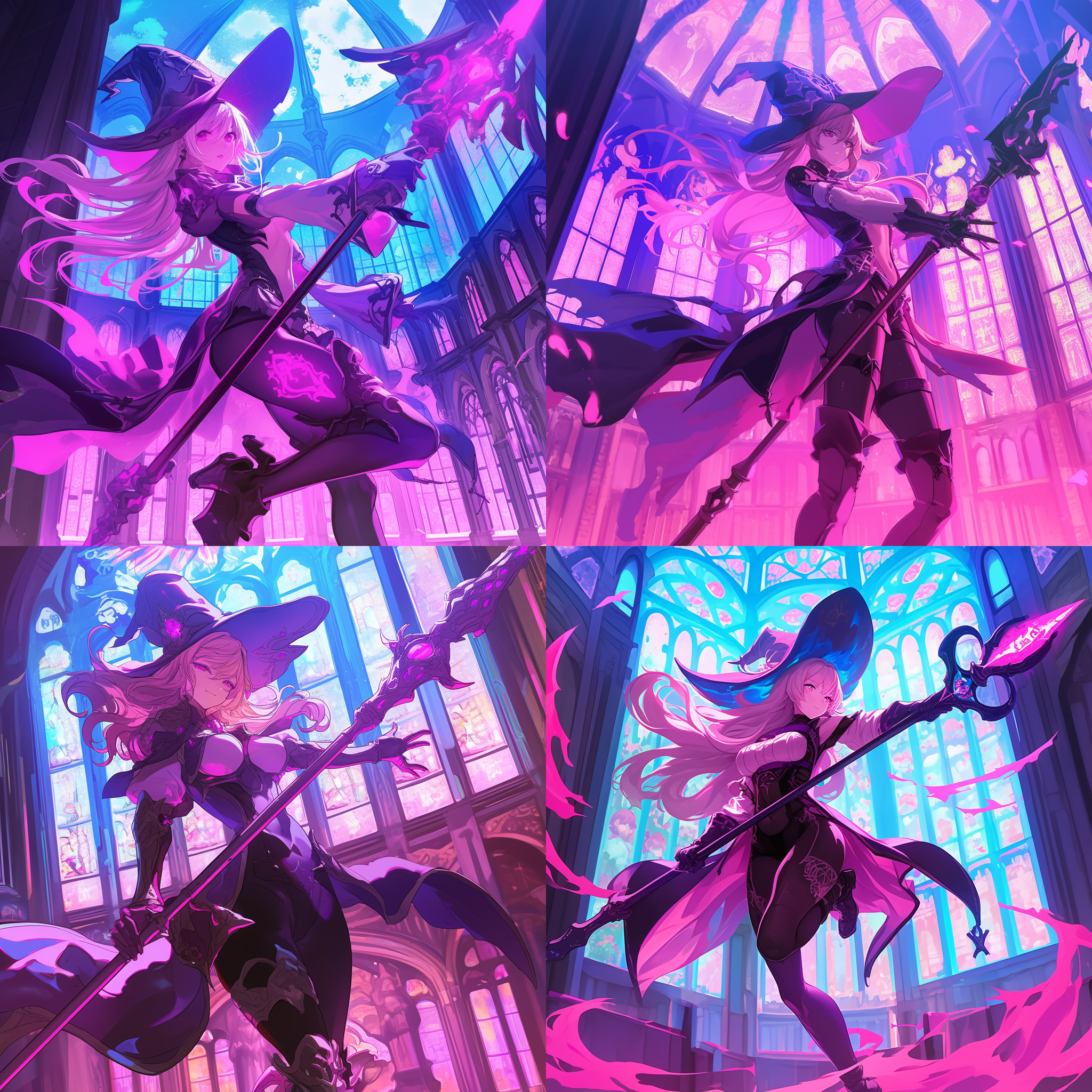 赛璐璐风格，日本动漫截屏，女法师，尖顶帽，长法杖，教堂背景，腹部粉色纹身，优美曲线，披风，明亮色调，高饱和度，细节丰富，动态姿势，连裤袜，高对比度，广角镜头，侧光，快速快门，跳跃，紧张，神秘，魔法，神圣，动感，细腻，色彩鲜艳，表情专注。