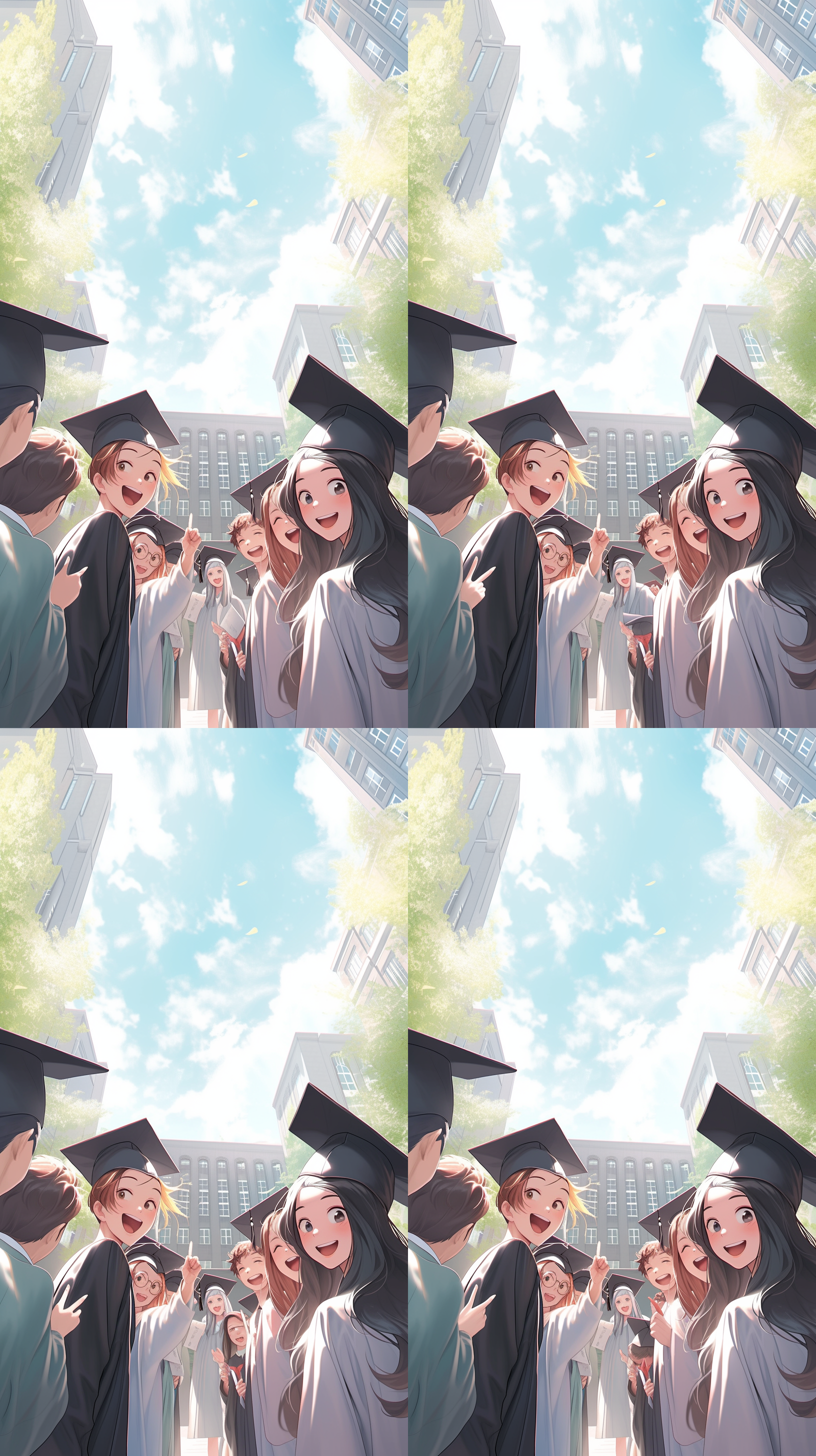 大学学校门口，一群学生穿学士服站立微笑，男生女生动漫风格，远景，白天阳光明媚，宽阔场景，正面镜头，柔和光线，鲜艳色彩，欢乐氛围，广角镜头，自然表情。