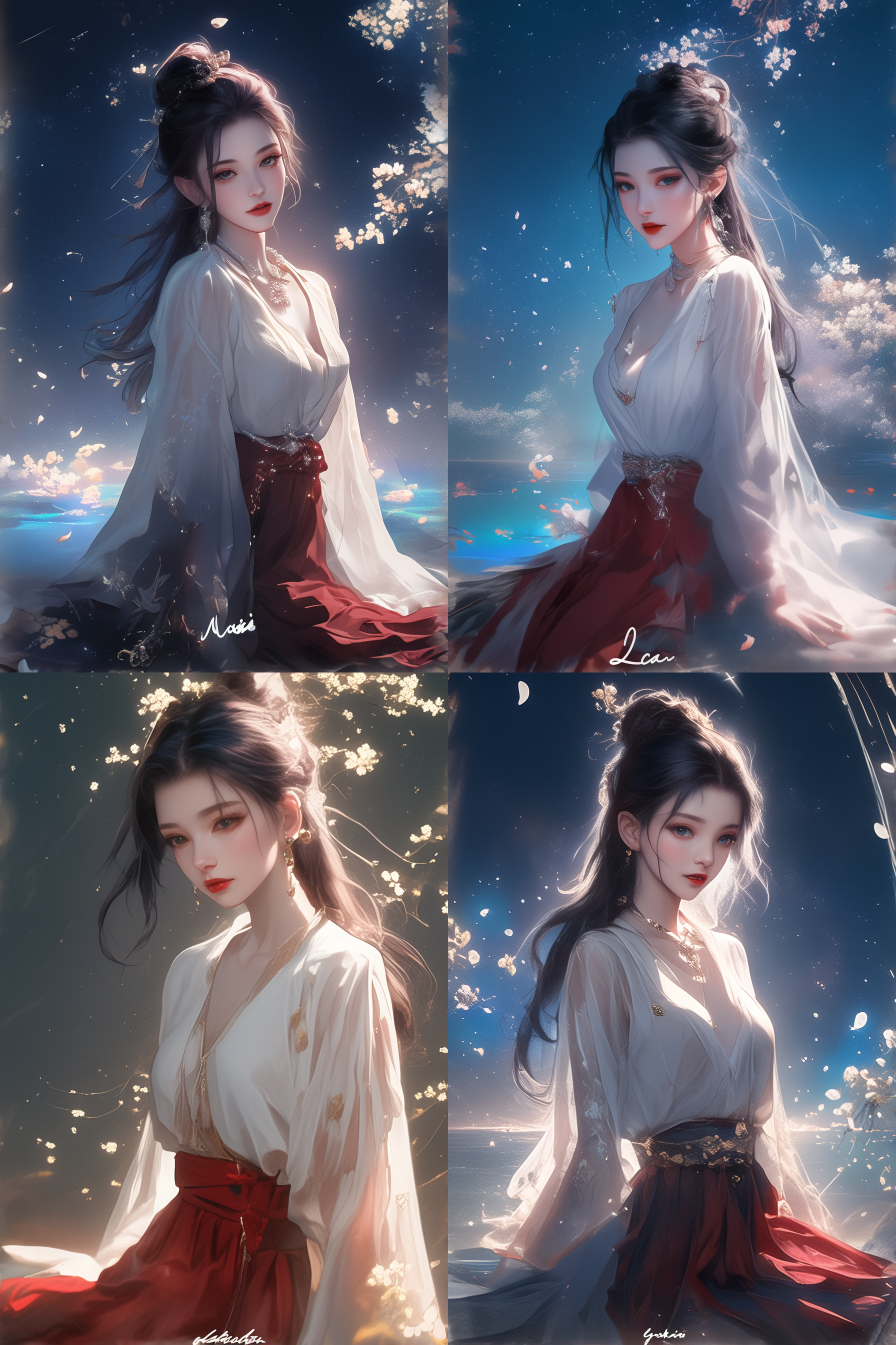 宇宙浩瀚，星光璀璨，古风美女坐于星河之畔，大背景星空绚烂夺目，长发飘逸，古装华美，侧脸沉思，眼神深邃，星空背景，广角镜头，长曝光，星轨效果，冷暖色调对比，神秘感。