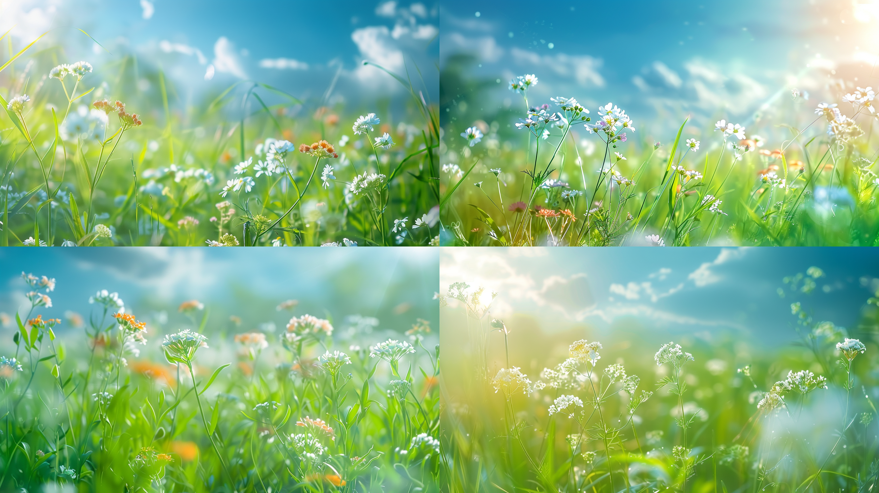 日出时分，草原上的野花在微风中摇曳，写实图，微距特写，天蓝色蓝天白云背景，鲜艳色彩，细节清晰，动态捕捉，宁静和谐。清新自然风景，生机勃勃的绿意，朝气明媚的阳光，积极向上的氛围，希望之光，写实风格，柔和光线，全景构图，鲜艳色彩，温暖情感。16:9饱和度高。