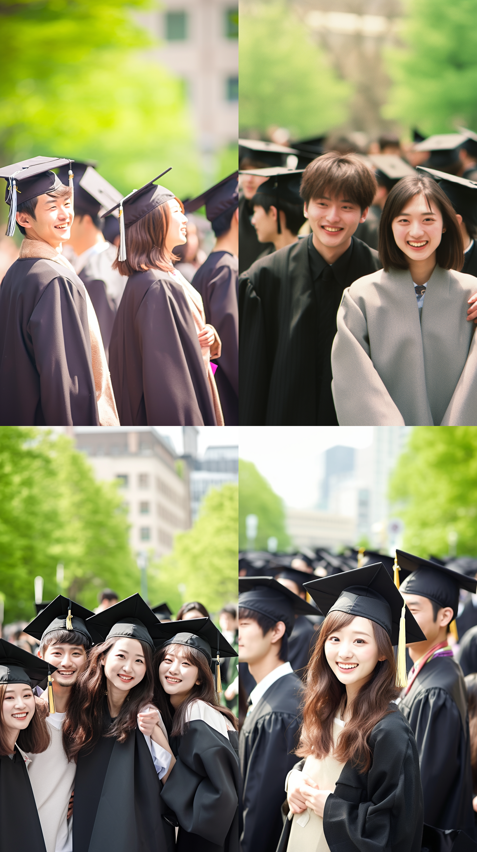 大学学校门口，学生穿学士服站立微笑，男生，女生，都面对镜头，远景，阳光好，宽阔，动漫风格，正面光，柔和色彩，长焦镜头，毕业氛围，喜悦，青春。