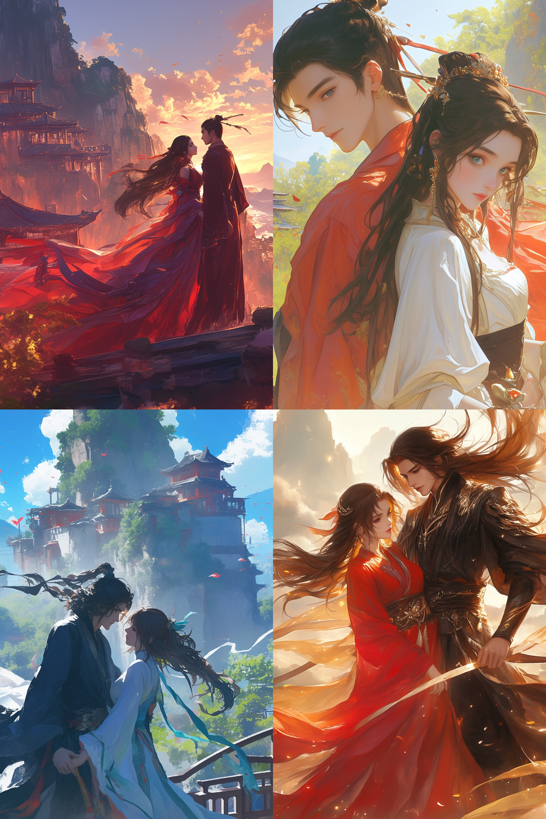 情侣古装，男生英俊女生美丽，长发飘逸，山峰古建筑背景，中国仙侠风格，高清画质，细节丰富，对称构图，自然光，长焦镜头，柔和色彩，浪漫氛围。