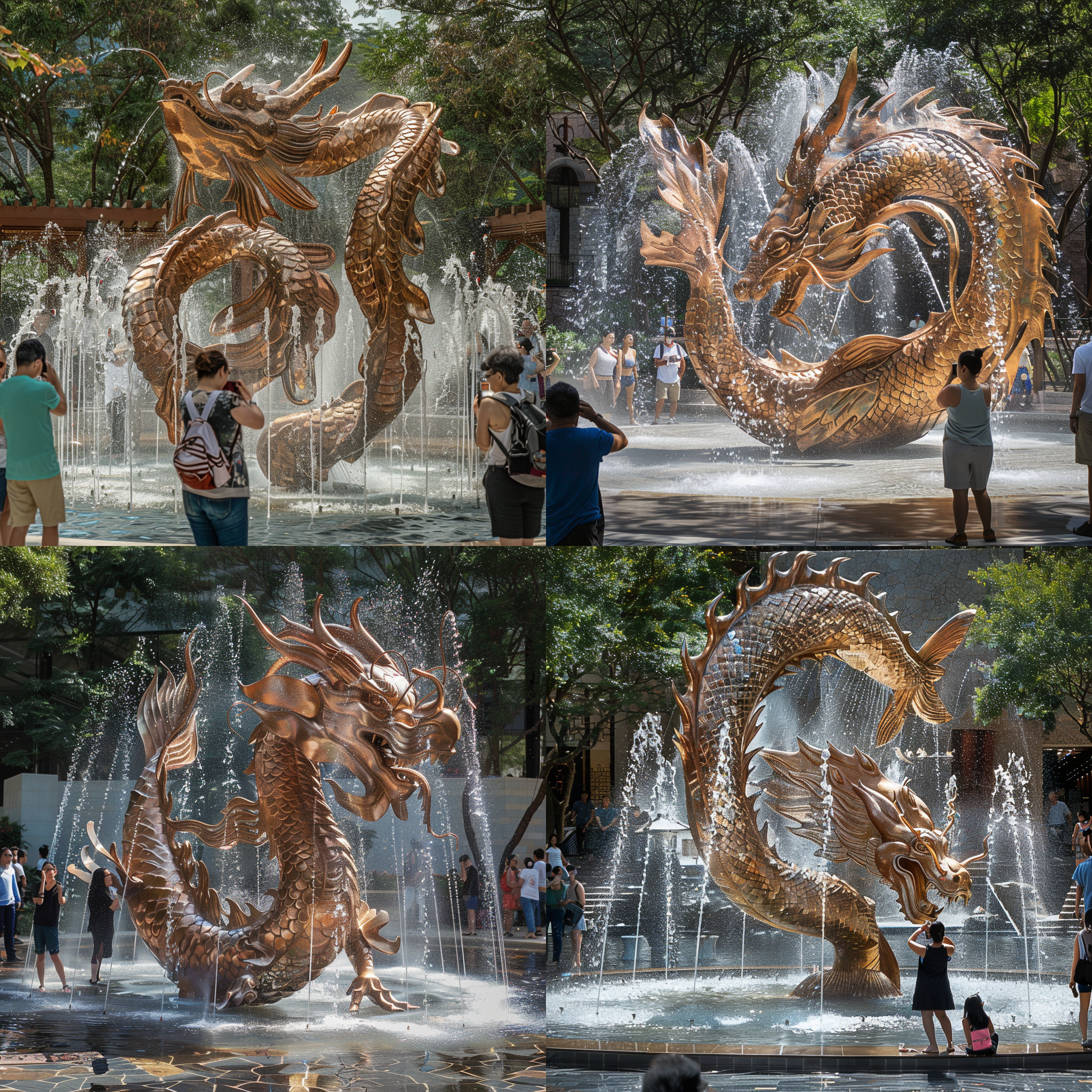 鱼变龙雕塑，铜质感，水池中央，四周喷泉环绕，游客拍照，广角镜头，自然光，动态水花，金属光泽，神秘氛围，历史感。