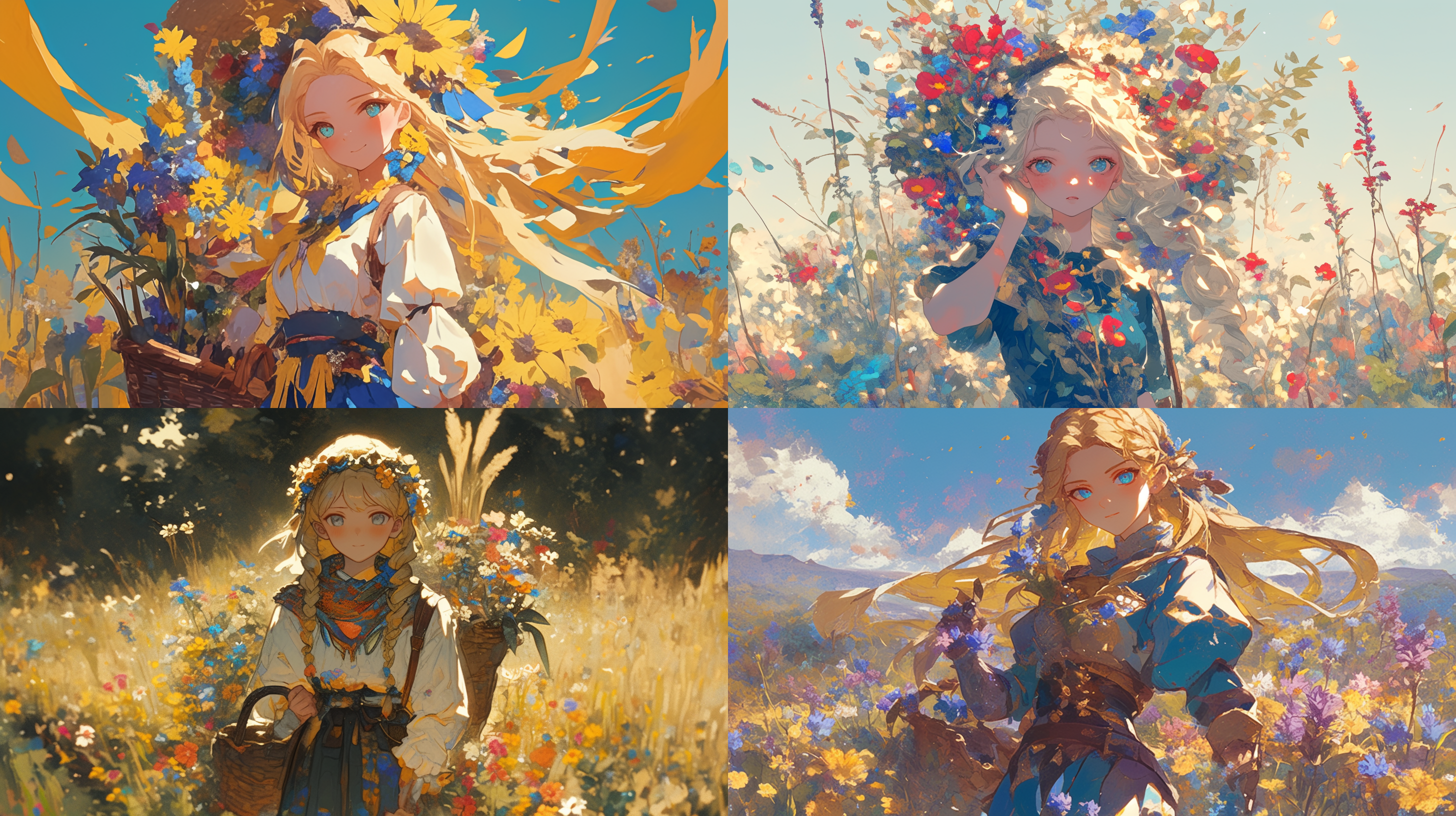 金黄色的头发，淡蓝色的眼睛，脸圆乎乎的，穿着蓝色的小裙子，站在花海中，头上戴着花巾，手上挎着篮子