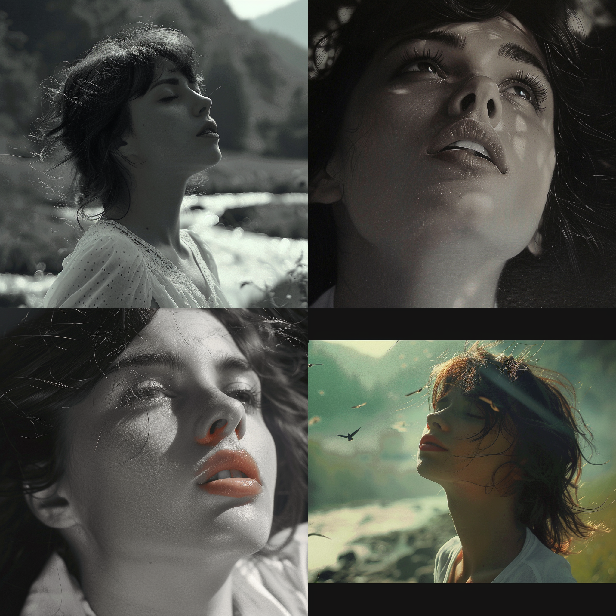 年轻美丽女人站立河前，背后水流汹涌，群山环绕，树木葱郁，鲜花盛开，斜阳余晖，蓝天白云，正面全身照，自然光，广角镜头，逆光，柔和色彩，宁静，自信。