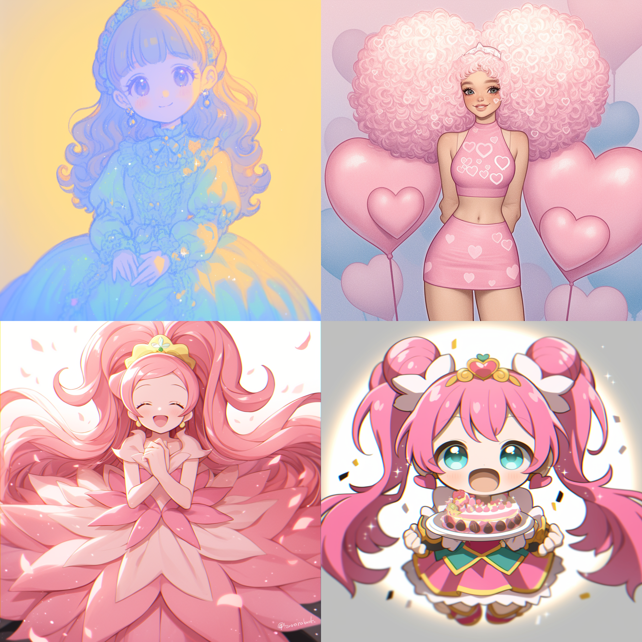 粉色系少女，粉色蛋糕裙，可爱面容，头饰点缀，色彩鲜艳，多巴胺风格，柔和光线，室内环境，特写镜头，微笑表情，温馨氛围。